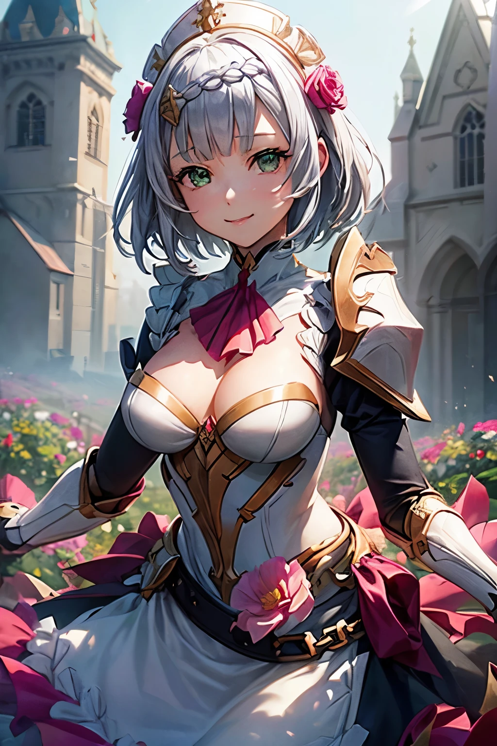 [noelledef]:1.5,((masterpiece,highest quality,Detailed images,Beautiful images))1.4(noelle images、smile、Bob Hair、church、Flower Field、The wind is blowing、Bright lighting overall、Backlight、A fantastic atmosphere、Thick Fog)1.1(Beautiful body lines、small beauty breasts、Beautiful cleavage)
