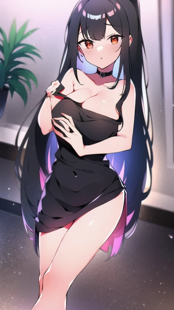 adulto, Cabello negro ondulado, mirada penetrante con ojos profundos de color rojo, estatura promedio, Silky hair with a ponytail hairstyle collected with a red bow with two white lines, tiene pechos grandes, primer plano, session, standing in the middle of his room [[[[pervertida]]] , Sonrojada, NSFW, mostrando mi culo a la camara, muslos grandes, gran culo, pechos grandes, lingerie, body sexy 