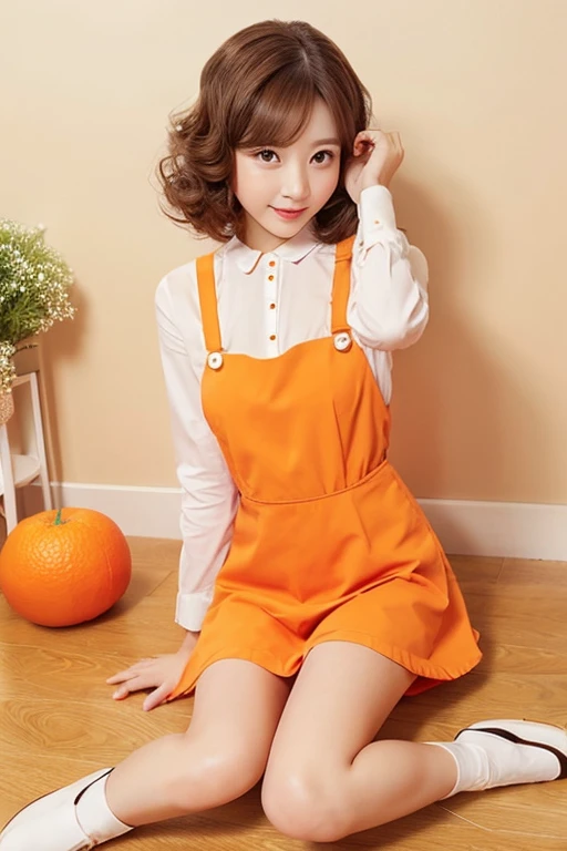 One Girl、Kogal、Short perm、Brown Hair、Clear skin、beautiful girl、Wide Eyes、Small 、Thin thighs、Skinny、Tomboy、Orange mini maid outfit、White pumps、