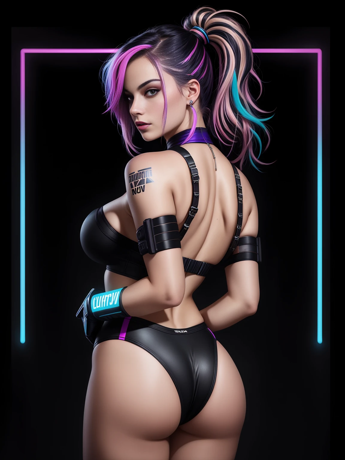 there is Margot Robbie, navy blue and bright purple neon streaked hair, hair in pony tail, 3 d neon art of a womans body, neon-noir background, cyberpunk femme fatale, seductive cyberpunk dark fantasy, cyberpunk strip clubs, cyberpunk 20 y. o model girl, oppai cyberpunk, banner, high definition cgsociety, cgsociety masterpiece, trending on cgstation, kda, random hair, looking at camera, gigantic breasts, cleavage, (high detailed skin:1.2), 8k uhd, dslr, super lighting, high quality, film grain, high res, highly detailed, hyper realistic, beautiful face, beautiful body, beautiful eyes nose lips, alluring expression, very bold, upper visible, full body photo, standing legs apart, standing, ((back to camera:1.6)), pale translucent glowing skin, most beautiful face, cute, (well defined pubic hair:1.2)), (dark plain black background:1.4))