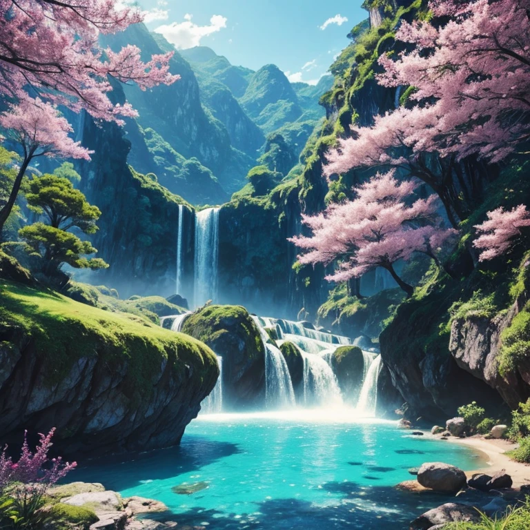 Estilo anime, fantasia, paisagem, natureza, exotic colors, sem personagens.