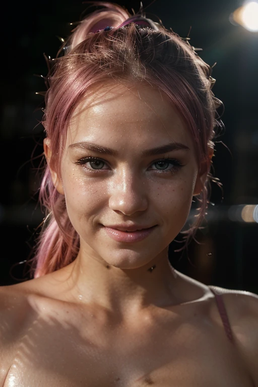 (RAW photo) night scene, close up photo of a sexy girl, posing, looking at viewer, smiling, pink hair in a ponytail, (green eyes:0.8), cute young face, 18 yo, soft volumetric lights, soft key and fill lighting, (backlit:1.3), (cinematic:1.3), intricate details, (ArtStation:1.2), skin blemishes, (freckles:0.9), detailed eyes, micro details, FUJI XT3, photorealistic, photorealism