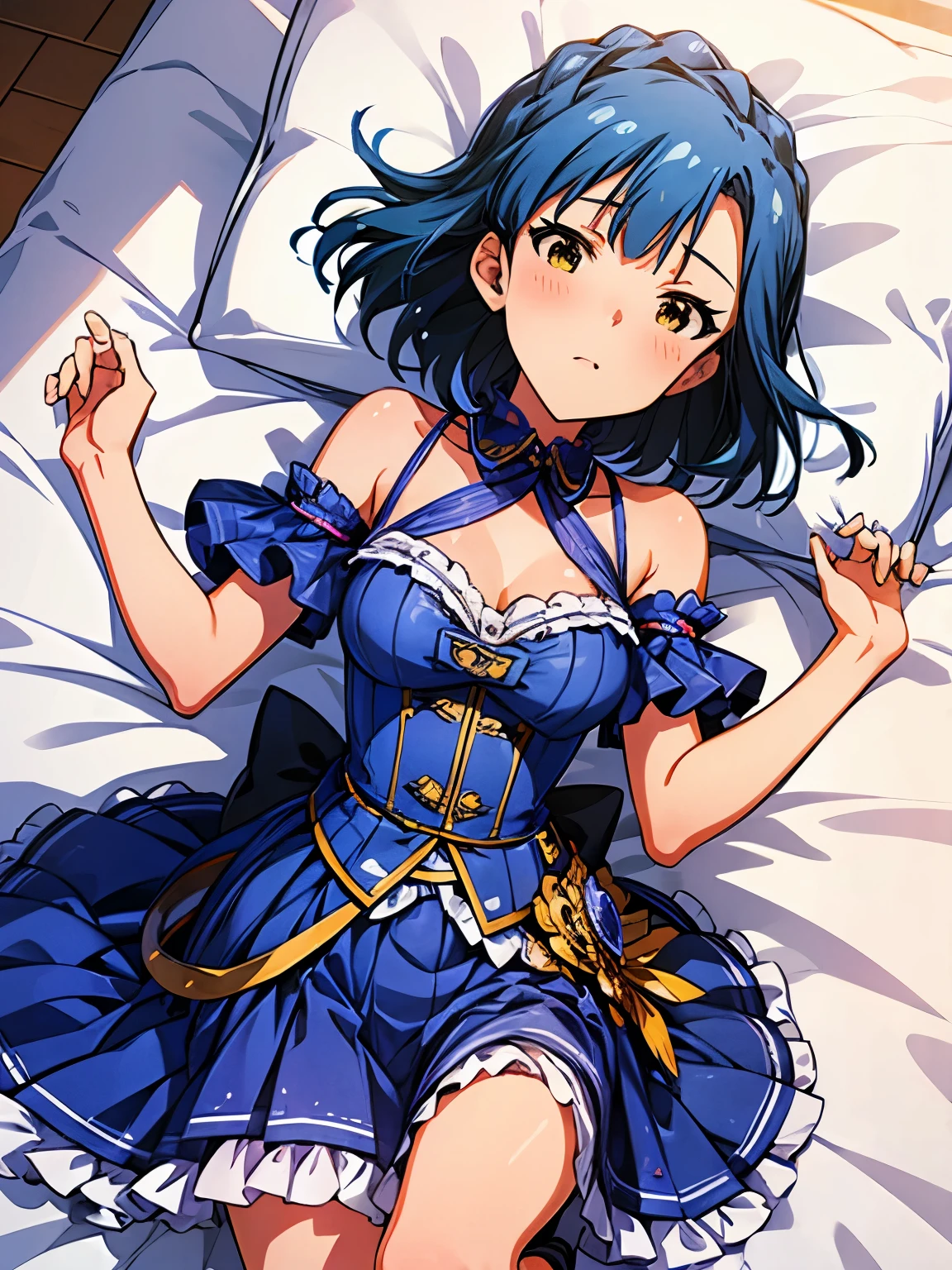 yuriko nanao (million live), 1 girl, Solo, Cute Girl,Best Quality, Ultra-detailed, 8K, High resolution, detailed face, portrait, lying on the bed, on back, anguish,