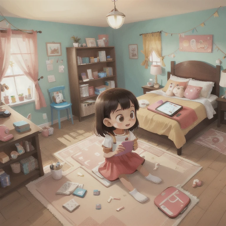 A one girl playing with phone, in bedroom