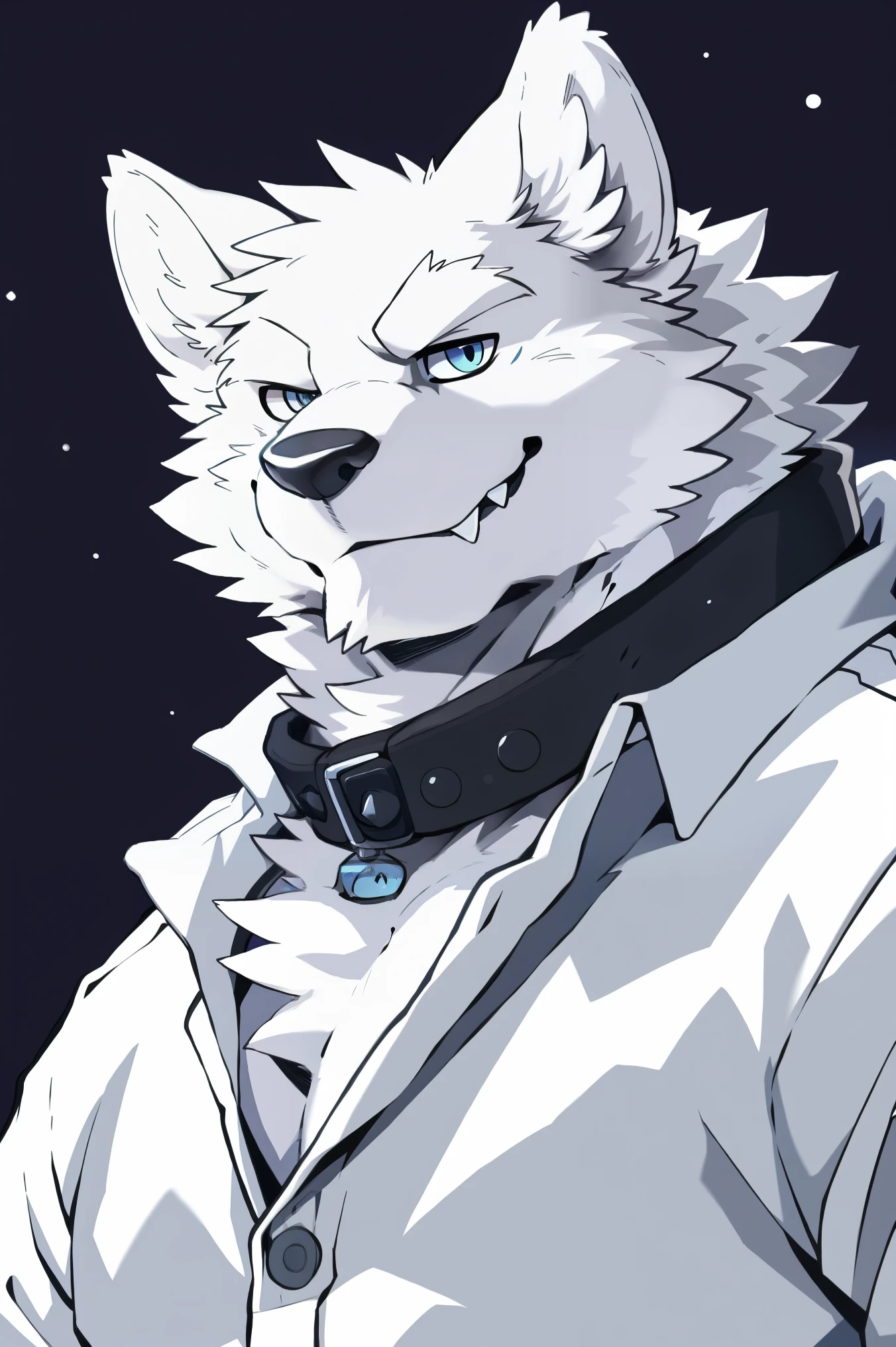 Medium shot, snow wolf, (all white fur:1.5), solo, Perfect sky blue eyes, Collar, Wearing a white suit, (artist:Takemoto Arashi), Look at the audience, Mature face, elder, Simple background, naughty face, glint, longeyelashes, naughty face, (fang out:1.5), Clear facial details, seductive smile, from side, Tonalism, tachi-e, best quality, UHD, super detail, high details