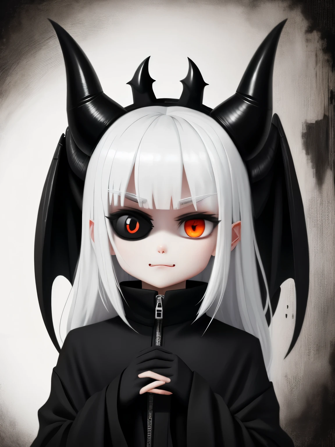 a demon with a huge head, slender body, a single eye, body covered in black cloth like rags, elongated fingers, extremely large mouth with sharp white fangs, two small horns on the head and small wings next to them, one-eyed evil gaze alone, hellish bottom.