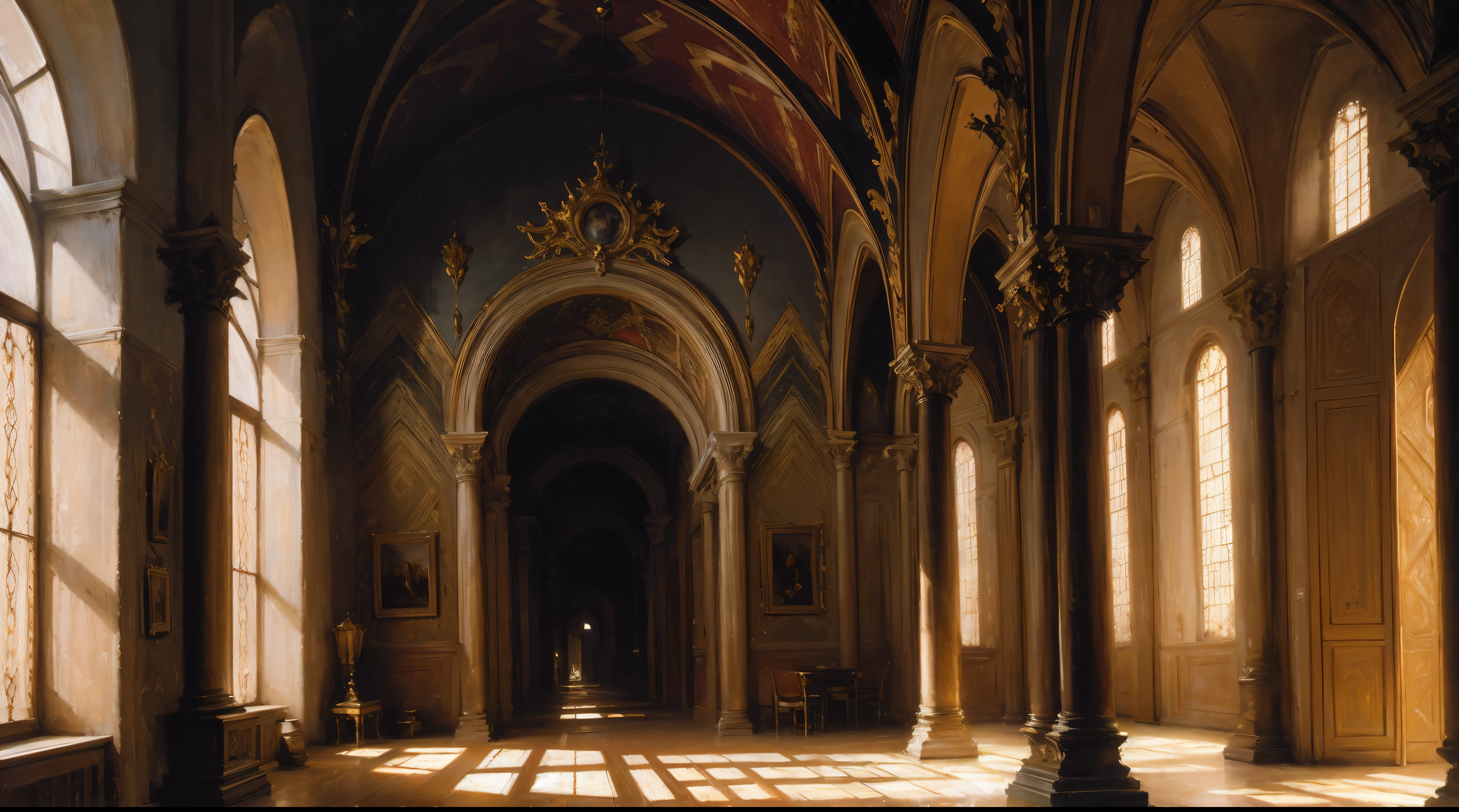inside sinagoga, wallpaper, romatic light,(fechin oil painting),light particles, sinagoga