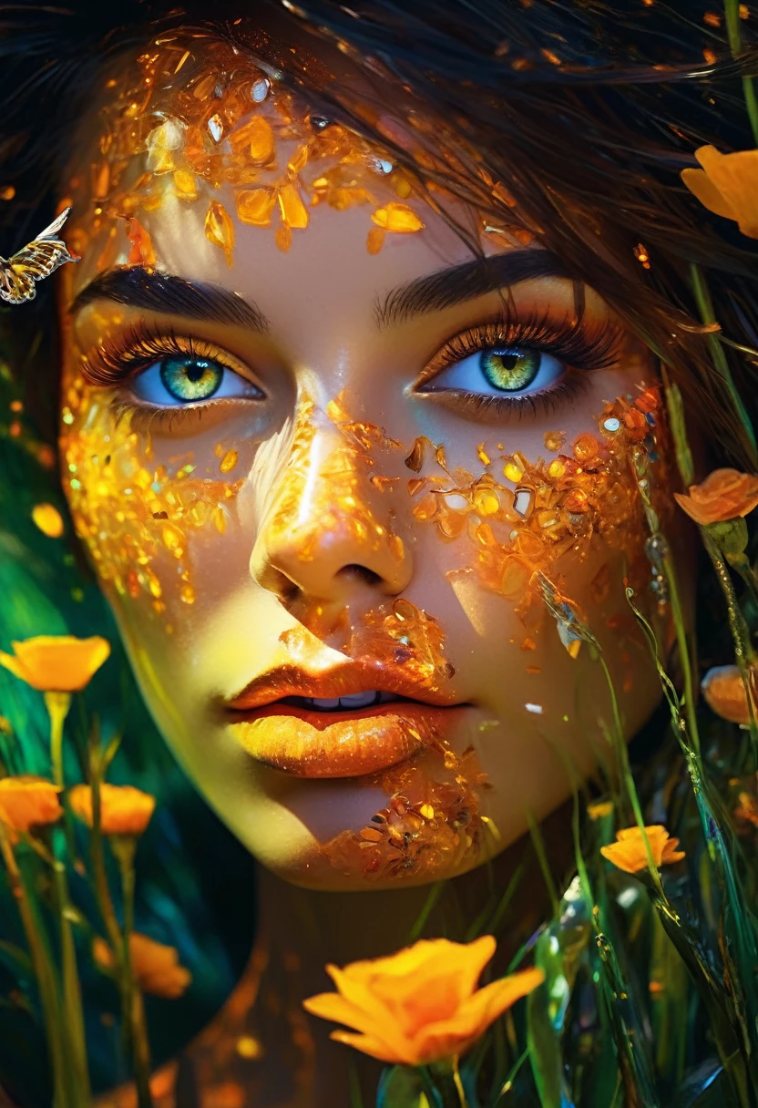 A girl in a garden, oil painting, beautiful detailed eyes, beautiful detailed lips, extremely detailed eyes and face, long eyelashes, flowing hair, serene expression, vibrant green grass, colorful flowers, sunlight filtering through trees, birds chirping, soft breeze, lively atmosphere, (best quality, hyper-realistic, hyper-detailed:1.2, high resolution, high contrast), (ambr1), (blacklight makeup), quantum computer AI, outside world