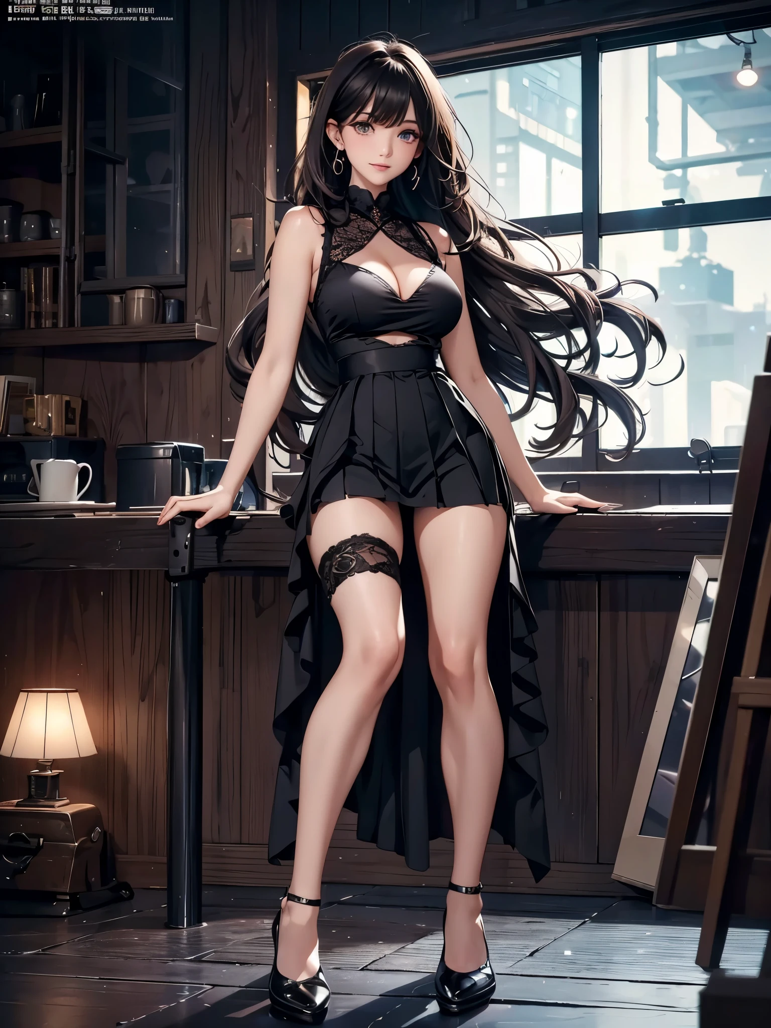 a girl, Small vest jumpsuit pleated short skirt, big neckline, reveal gorgeousness(black)Lace lingerie, Looks cute, mature body, silm figure, Seductive eyes, Seductive action, perfect feet, Slender legs, perfect hands, Slightly saggy big breasts, Smooth skin, Full body, movie lighting, movie quality, highlight the subject, low light environment, Black silk socks, Heeled leather shoes, seductive cleavage, curly hair, very long hair, side swept bangs, long uppereyelashes, wide-eyed, upturned eyes, color contact lenses, aqua eyes, mole under eye, earrings, makeup, light smile, shy, blush, brown hair, layer cut, anime style, cinematic lighting, depth of field, pov, lens flare, bokeh, f/2.8, UHD, masterpiece, best quality, highres, 8k, anatomically correct, highres, textured skin, ccurate