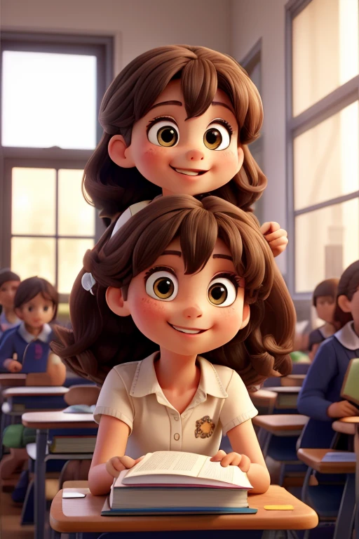 an 8 year old caucasian girl, with brown, long, wavy hair, with a blue dress, holding a pile of yellow books, giving books to students at school. Happy face expressions. Cute expressions.