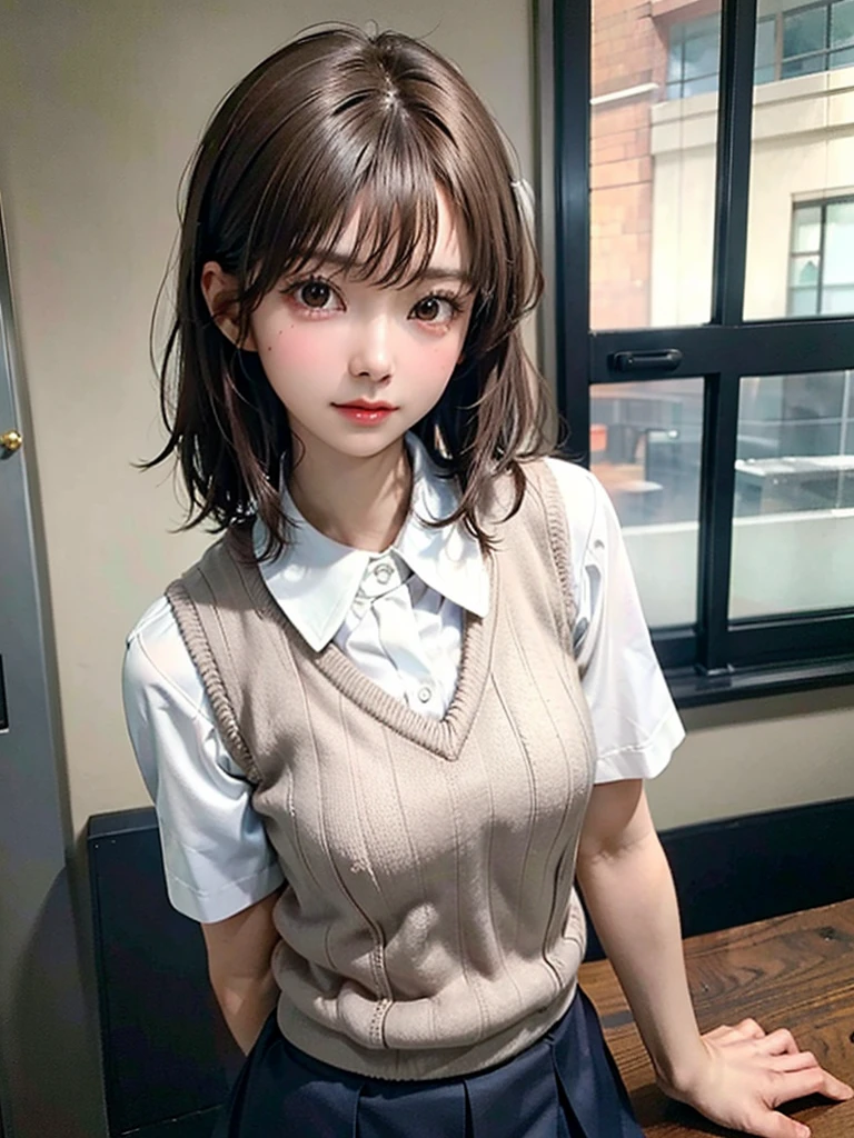 Masterpiece, Top Quality, Top Mikoto, brown eyes, short hair, small breasts, looking at viewer, alone, closed mouth, collared shirt, beige knit vest, dark blue  Skirt, school_uniform, shirt, white_shirt, classroom,Masterpiece, highest quality, 8K, detailed skin texture, fine cloth texture, beautiful detailed face, intricate details, super detailed,cute,cute posing,composition that shows the whole body,