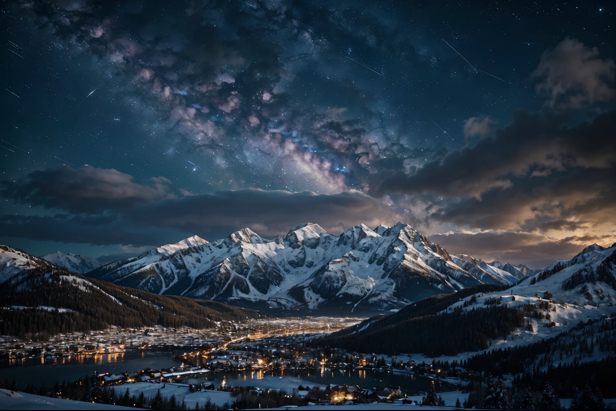 Background, lots of high mountains, lots of clouds, winter sky, seeing constellations, Galaxy, Milky Way, beautiful winter night with small city wallpaper, beautiful lake, high details, realistic 8k full HD.
