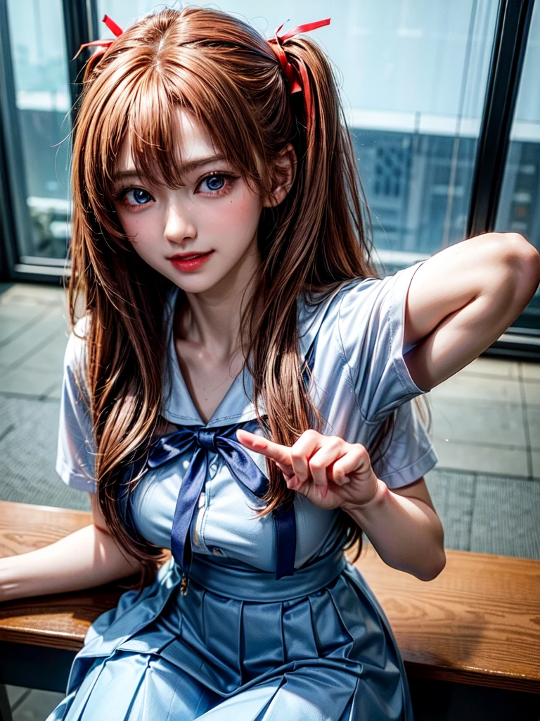 (8k, highest quality, Pieces fly:1.2)、Ultra-high resolution、anime,1 very pretty girl,Asuka Langley,Highly detailed face, Fine grain,blue eyes,,White sailor collar plain short sleeve shirt,Light blue skirt,Light Blue Suspenders,uniform_Red ribbon,Orange Hair,Long Hair、Detailed hand and fingers,put your hands in your hair,Grin、sitting on desk,Shooting from above,classroom
