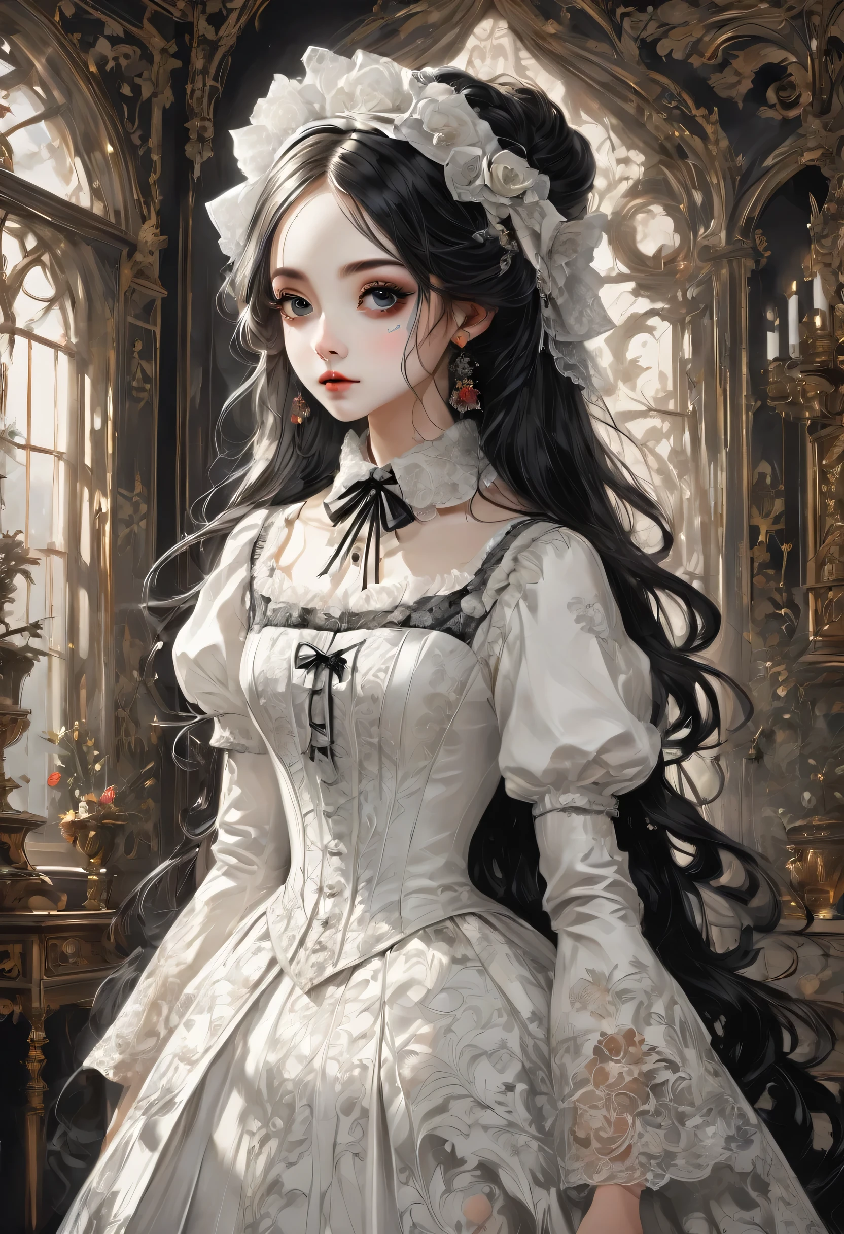 Gothic horror paintings,((Beautiful girl standing:Gothic Lolita::Ephemeral:beautiful girl:cute:Adorable:Perfect Face:White:eyelash:Big eyes)),Gothic House,Looking Back,Black and White,scary but beautiful,Gothic Beauty,Expressing beautiful madness,Shrouded in mystery,Placing dark clouds that foreshadow tragedy in a beautiful gothic house,,detailed,Use red as an accent color,Race,embroidery,Detailed pattern,rendering,Designer House,Luxury Homes,nice,quiet,Beautiful light and shadow,Gothic Room,Golden Ratio,Anatomically correct,Rococo