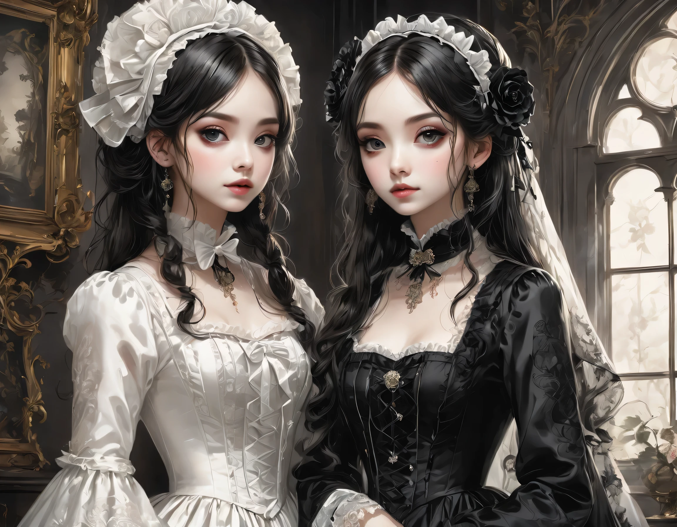 Gothic horror paintings,((Two beautiful girls standing:Symmetric:Gothic Lolita::Ephemeral:Two beautiful girls:cute:Adorable:Perfect Face:White:eyelash:Big eyes)),Gothic House,Looking Back,black and white,scary but beautiful,Gothic Beauty,Expressing beautiful madness,Shrouded in mystery,Placing dark clouds that foreshadow tragedy in a beautiful gothic house,,detailed,Use red as an accent color,Race,embroidery,Detailed pattern,rendering,Designer House,Luxury Homes,nice,quiet,Beautiful light and shadow,Gothic Room,Golden Ratio,Anatomically correct,Rococo,BREAK,(The girl on the right(Black Dress)Gothic Lolita),BREAK,(The girl on the left(White Dress)Gothic Lolita)