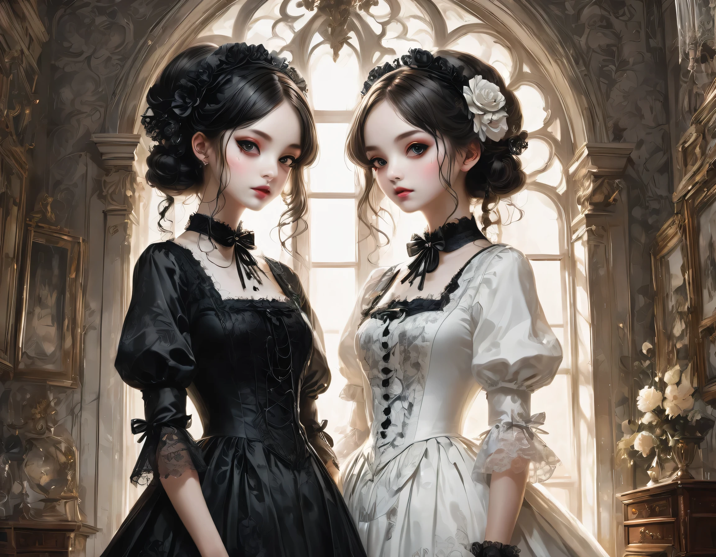 Gothic horror paintings,((Two beautiful girls standing:Symmetric:Gothic ****ta:************:Ephemeral:((Two beautiful girls)):cute:Adorable:Perfect Face:White:eyelash:Big eyes,Smooth Skin)),Gothic House,Looking Back,black and white,scary but beautiful,Gothic Beauty,Expressing beautiful madness,Shrouded in mystery,Placing dark clouds that foreshadow tragedy in a beautiful gothic house,,detailed,Use red as an accent color,Race,embroidery,Detailed pattern,rendering,Designer House,Luxury Homes,nice,quiet,Beautiful light and shadow,Gothic Room,Golden Ratio,Anatomically correct,Rococo,BREAK,(The girl on the right(Black Dress)Gothic ****ta),BREAK,(The girl on the left(White Dress)Gothic ****ta),BREAK,embroidery,Detailed pattern,rendering,Zentangle Elements,Beautiful Gothic Horror,masterpiece,The best masterpiece