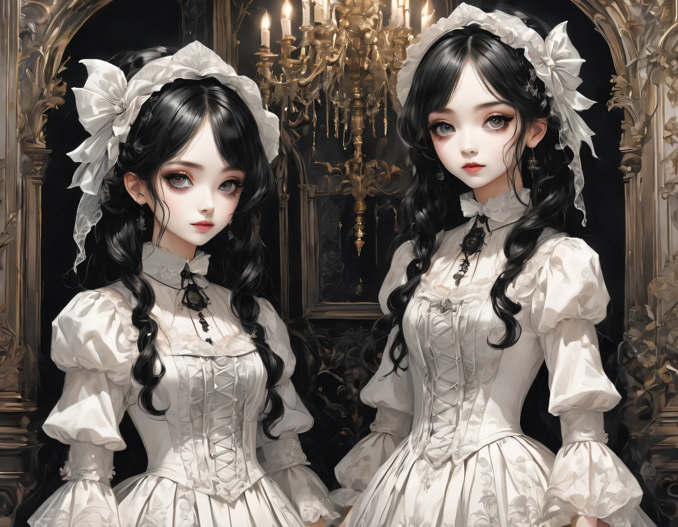 Gothic horror paintings,((Two beautiful girls standing:Symmetric:Gothic Lolita::Ephemeral:((Two beautiful girls)):cute:Adorable:Perfect Face:White:eyelash:Big eyes,Smooth Skin)),Gothic House,Looking Back,black and white,scary but beautiful,Gothic Beauty,Expressing beautiful madness,Shrouded in mystery,Placing dark clouds that foreshadow tragedy in a beautiful gothic house,,detailed,Use red as an accent color,Race,embroidery,Detailed pattern,rendering,Designer House,Luxury Homes,nice,quiet,Beautiful light and shadow,Gothic Room,Golden Ratio,Anatomically correct,Rococo,BREAK,(The girl on the right(Black Dress)Gothic Lolita),BREAK,(The girl on the left(White Dress)Gothic Lolita),BREAK,embroidery,Detailed pattern,rendering,Zentangle Elements,Beautiful Gothic Horror,masterpiece,The best masterpiece