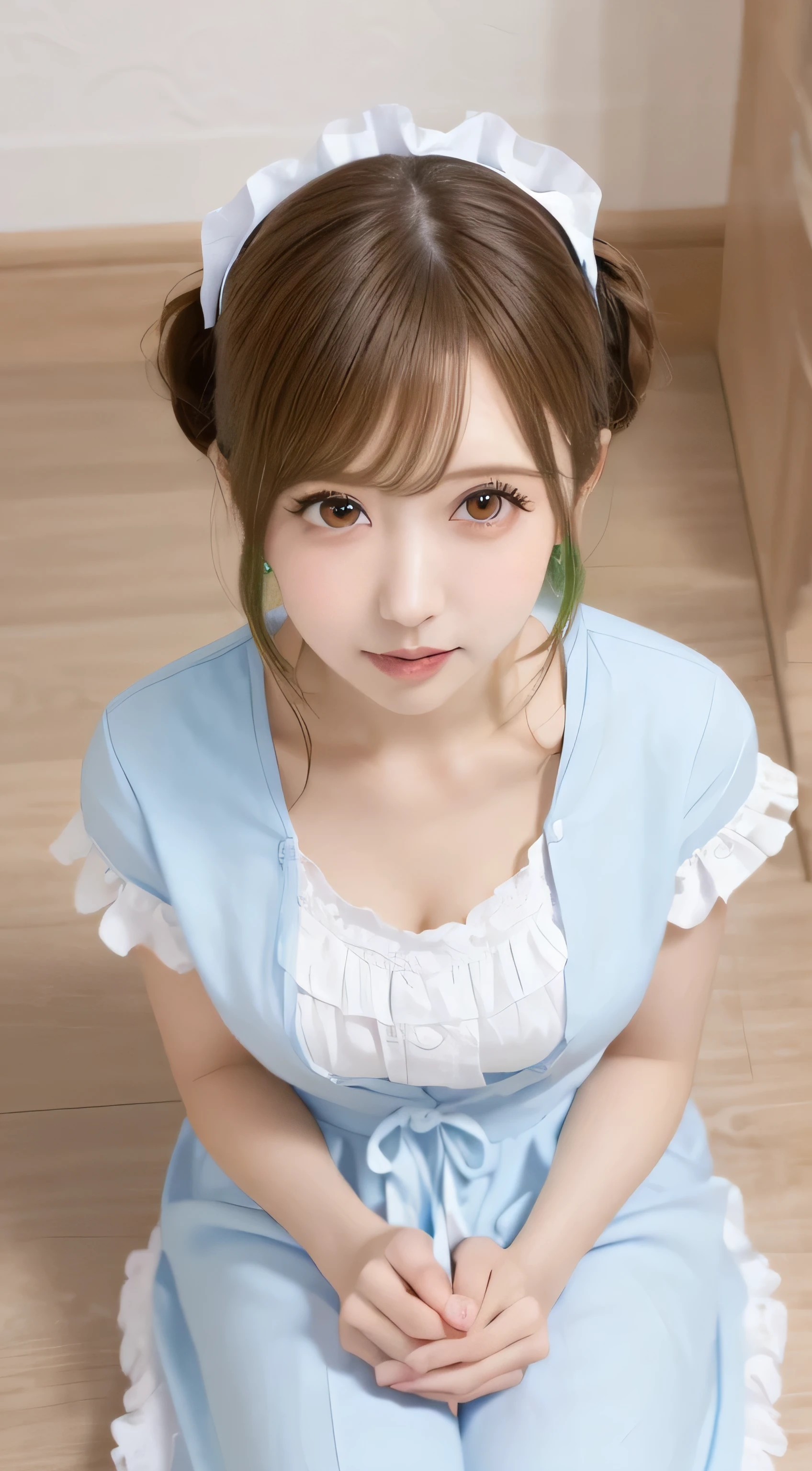 Tabletop, highest quality, shape, Very detailed, In detail, High resolution, 8k wallpaper, Perfect dynamic composition, ((close:1.3, From above, View your viewers)), Beautiful details , (Wearing a cotton maid outfit, , Cute Ruffle Girl Dress, Maid's headband, Base color is white、black、green),Twin tails