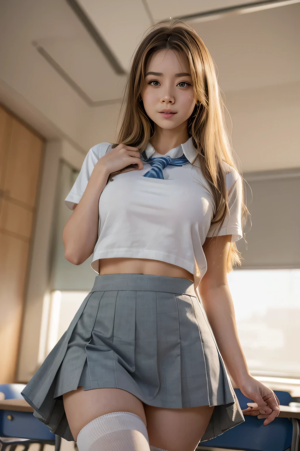 arafed woman in a skirt posing in a classroom, cute , a hyperrealistic , hyperrealistic , realistic , school girl, dressed as , wearing , wearing skirt, of a  posing, wearing a , japanese model, girl wearing uniform, thighhighs and skirt, bare chested. No shirt on