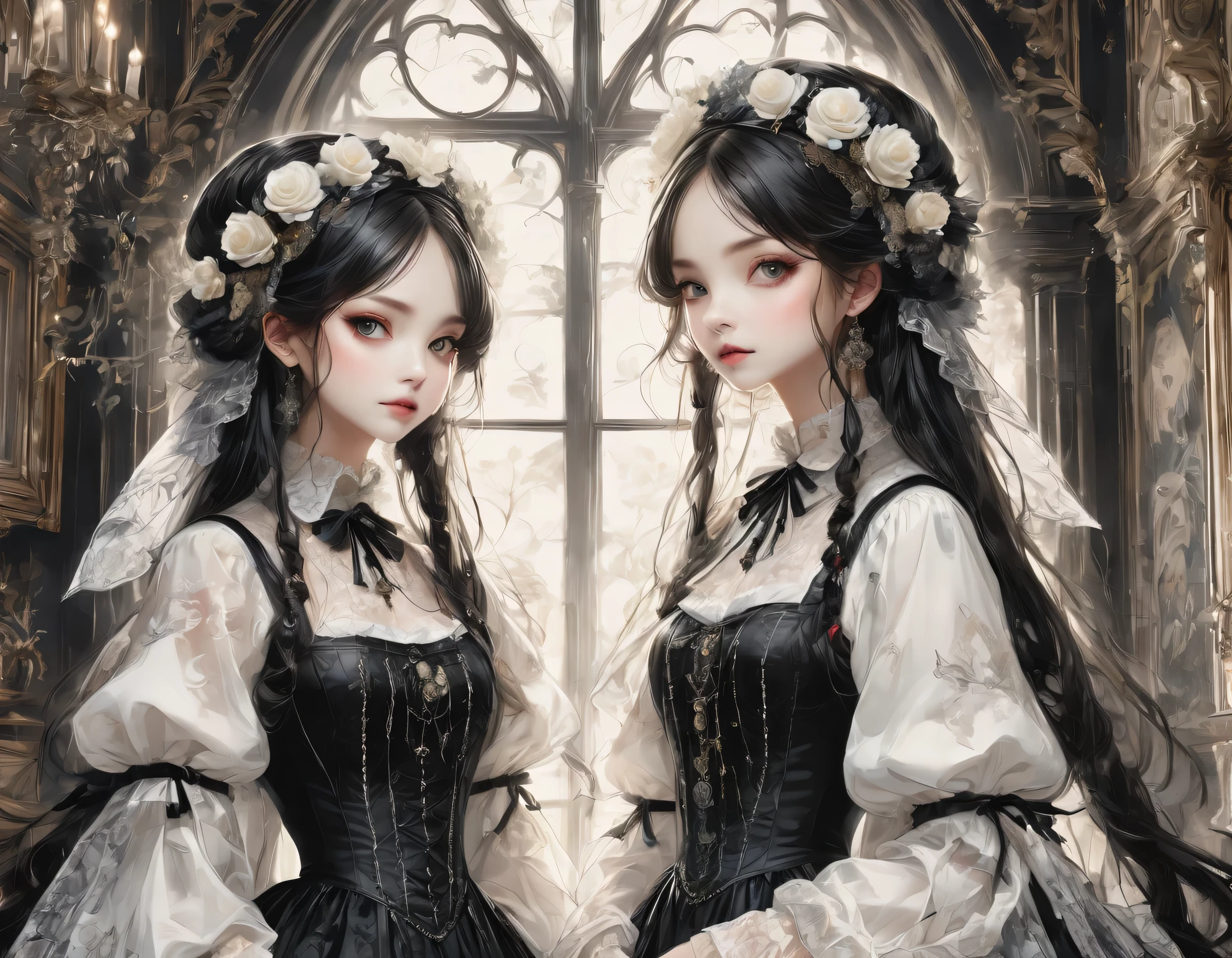 Gothic horror paintings,((Two beautiful girls standing:Symmetric:Gothic Lolita::Ephemeral:((Two beautiful girls)):cute:Adorable:Perfect Face:White:eyelash:Big eyes,Smooth Skin)),Gothic House,Looking Back,black and white,scary but beautiful,Gothic Beauty,Expressing beautiful madness,Shrouded in mystery,Placing dark clouds that foreshadow tragedy in a beautiful gothic house,,detailed,Use red as an accent color,Race,embroidery,Detailed pattern,rendering,Designer House,Luxury Homes,nice,quiet,Beautiful light and shadow,Gothic Room,Golden Ratio,Anatomically correct,Rococo,BREAK,(The girl on the right(Black Dress)Gothic Lolita),BREAK,(The girl on the left(White Dress)Gothic Lolita),BREAK,embroidery,Detailed pattern,rendering,Zentangle Elements,Beautiful Gothic Horror,masterpiece,The best masterpiece