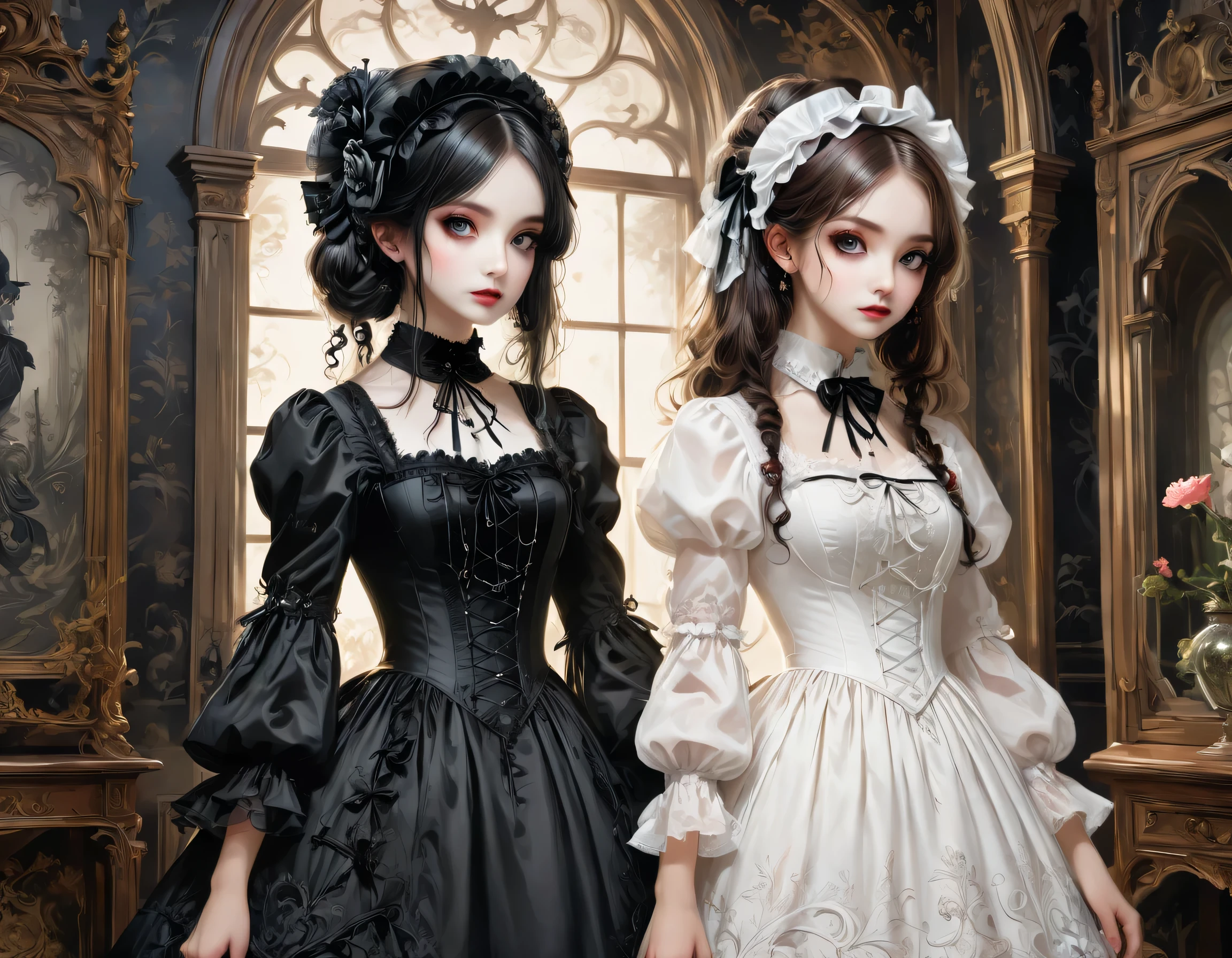 Gothic horror paintings,((Two beautiful girls standing:Symmetric:Gothic Lolita::Ephemeral:((Two beautiful girls)):cute:Adorable:Perfect Face:White:eyelash:Big eyes,Smooth Skin)),Gothic House,Looking Back,black and white,scary but beautiful,Gothic Beauty,Expressing beautiful madness,Shrouded in mystery,Placing dark clouds that foreshadow tragedy in a beautiful gothic house,,detailed,Use red as an accent color,Race,embroidery,Detailed pattern,rendering,Designer House,Luxury Homes,nice,quiet,Beautiful light and shadow,Gothic Room,Golden Ratio,Anatomically correct,Rococo,BREAK,(The girl on the right(Black Dress)Gothic Lolita),BREAK,(The girl on the left(White Dress)Gothic Lolita),BREAK,embroidery,Detailed pattern,rendering,Zentangle Elements,Beautiful Gothic Horror,masterpiece,The best masterpiece