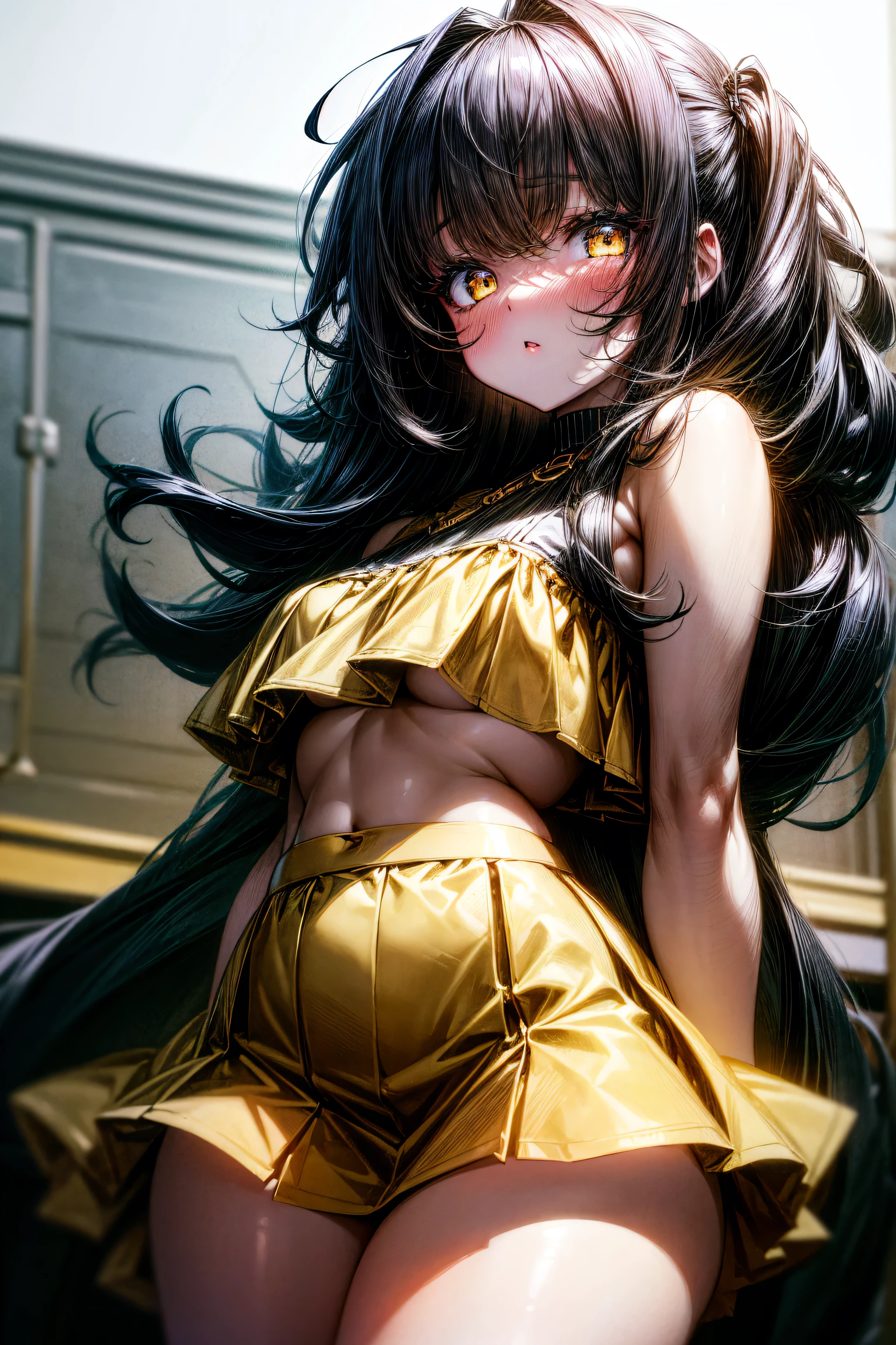 absurdres, high res, ultrasharp, 8K, masterpiece, looking at viewer, 1girl, (curvy body), seductive face, blushing, seductive eyes, long black hair, yellow eyes wearing black mini skirt, short skirt yellow crop, thick thighs, chibi,