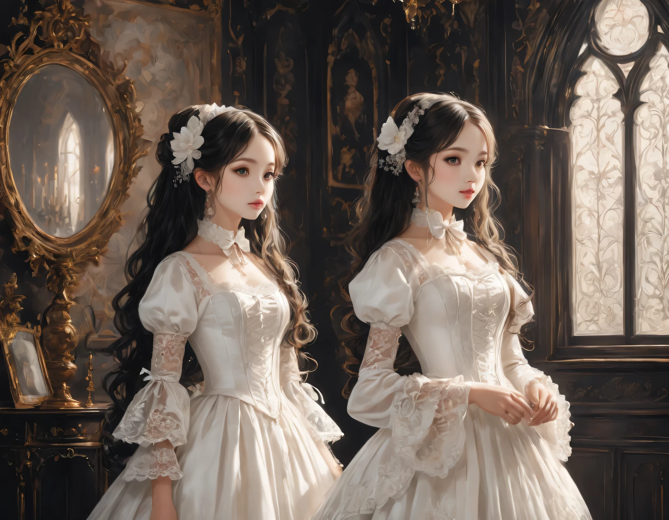 Gothic horror paintings,((Two beautiful girls standing:Symmetric:Gothic ta:12 yemeral:((Two beautiful girls)):cute:Adorable:Perfect Face:White:eyelash:Big eyes,Smooth Skin)),Gothic House,Looking Back,black and white,scary but beautiful,Gothic Beauty,Expressing beautiful madness,Shrouded in mystery,Placing dark clouds that foreshadow tragedy in a beautiful gothic house,,detailed,Use red as an accent color,Race,embroidery,Detailed pattern,rendering,Designer House,Luxury Homes,nice,quiet,Beautiful light and shadow,Gothic Room,Golden Ratio,Anatomically correct,Rococo,BREAK,(The girl on the right(Black Dress)Gothic Lolita),BREAK,(Tirl on the left(White Dress)Gothic Lolita),BREAK,embroi,Detailed pattern,rendering,Zentangle Elements,Beautiful Gothic Horror,masterpiece,The best masterpiece