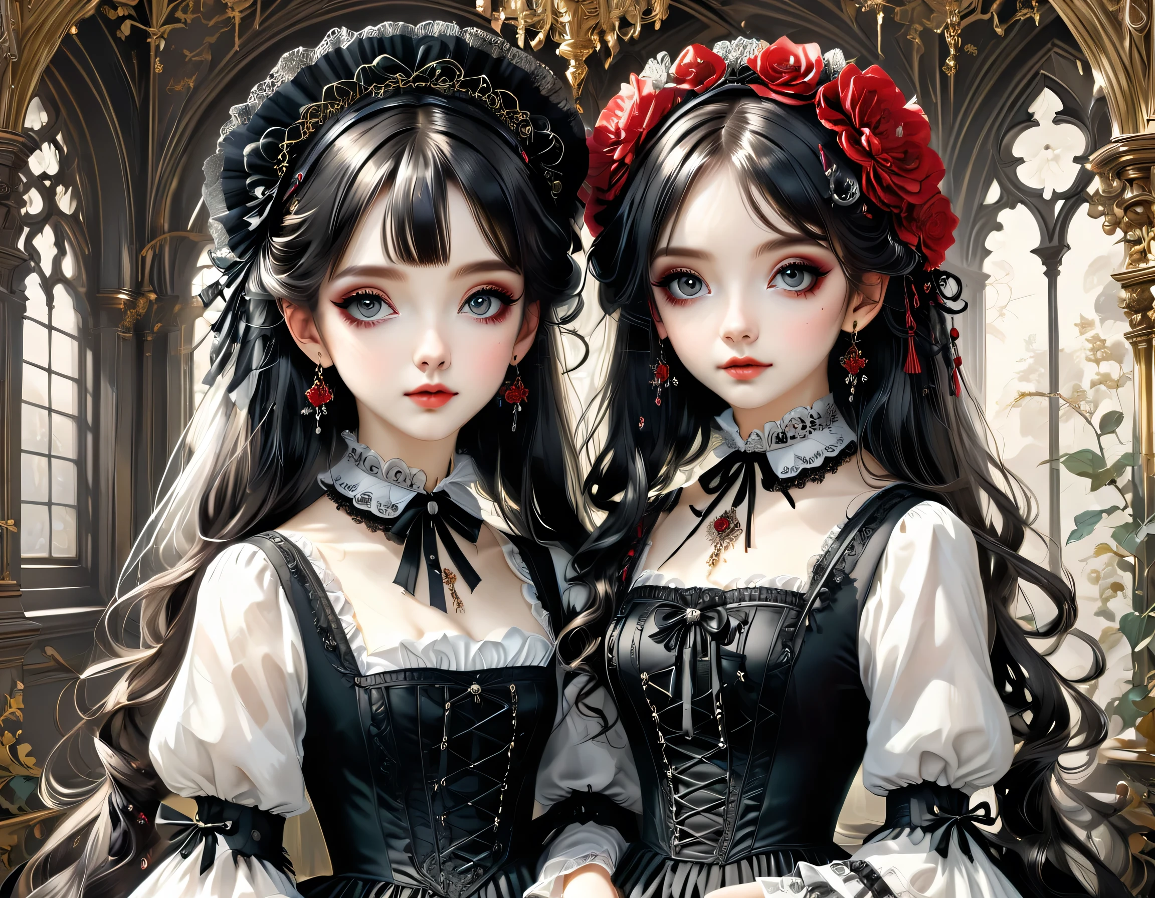 Gothic horror paintings,((Two beautiful girls standing:Symmetric:Gothic ****ta:************:Ephemeral:((Two beautiful girls)):cute:Adorable:Perfect Face:White:eyelash:Big eyes,Smooth Skin)),Gothic House,Looking Back,black and white,scary but beautiful,Gothic Beauty,Expressing beautiful madness,Shrouded in mystery,Placing dark clouds that foreshadow tragedy in a beautiful gothic house,,detailed,Use red as an accent color,Race,embroidery,Detailed pattern,rendering,Designer House,Luxury Homes,nice,quiet,Beautiful light and shadow,Gothic Room,Golden Ratio,Anatomically correct,Rococo,BREAK,(The girl on the right(Black Dress)Gothic ****ta),BREAK,(The girl on the left(White Dress)Gothic ****ta),BREAK,embroidery,Detailed pattern,rendering,Zentangle Elements,Beautiful Gothic Horror,masterpiece,The best masterpiece