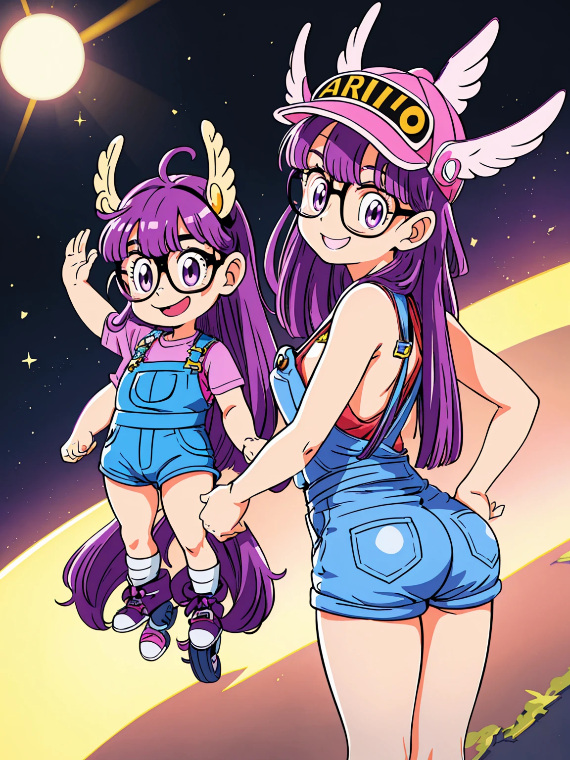 Norimaki Arale, Purple Hair, Round Lens, Sexy Body, low length,Very flat chest,Small Ass,Thin thighs,Full body image, Perfect Face, Big eyes, Perfect Eyes, Have, Tight clothing, Denim overalls,Perfect hands, Better lighting,Wing Hat, Wing Cover, With a smile, back view, ass