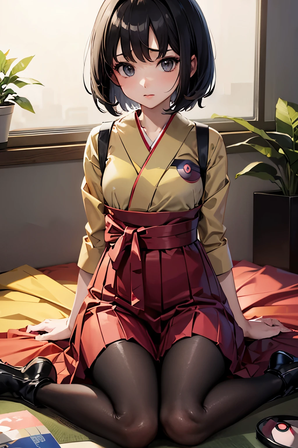 Erica、Pokémon、Black Hair、Short Hair、((pantyhose))、Photo from below、Medium chest、Bedroom、((Hakama))、One girl、boots、Poop sitting、Red ribbon、Black Bra