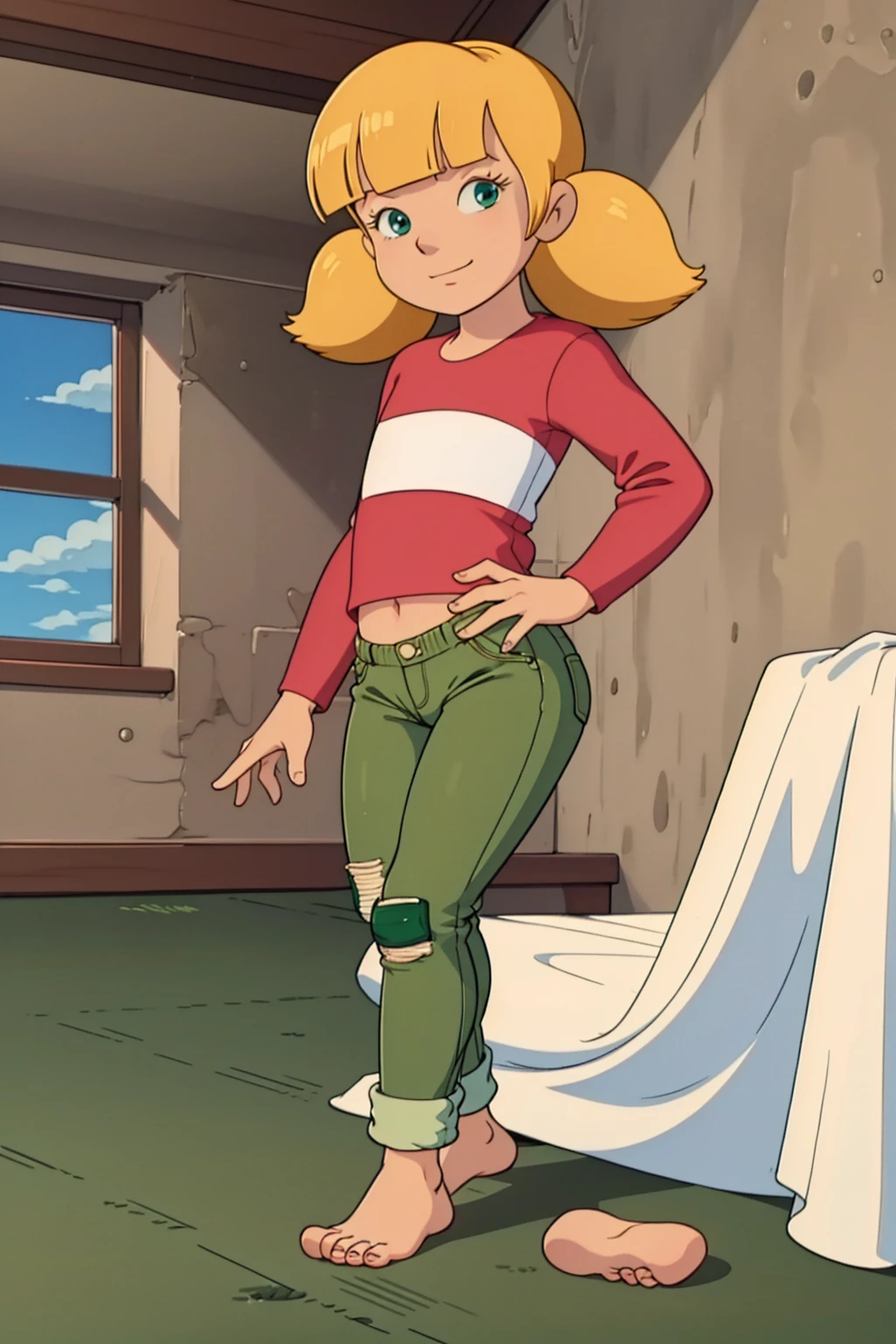 on bed, indoors, feet, barefoot, ass, spread ass, anime screencap, masterpiece,  nice hands, nice feet, best quality,  1girl, penny, solo, blonde hair, twintails, blunt bangs, (smile:0.6), flat chest, (red shirt, single white horizontal stripe across middle of shirt), pants, (green pants), (small light green square patches on knees, reinforced knee), on stomach, foot focus, five toes on each foot, looking at viewer, full body, bedsheet