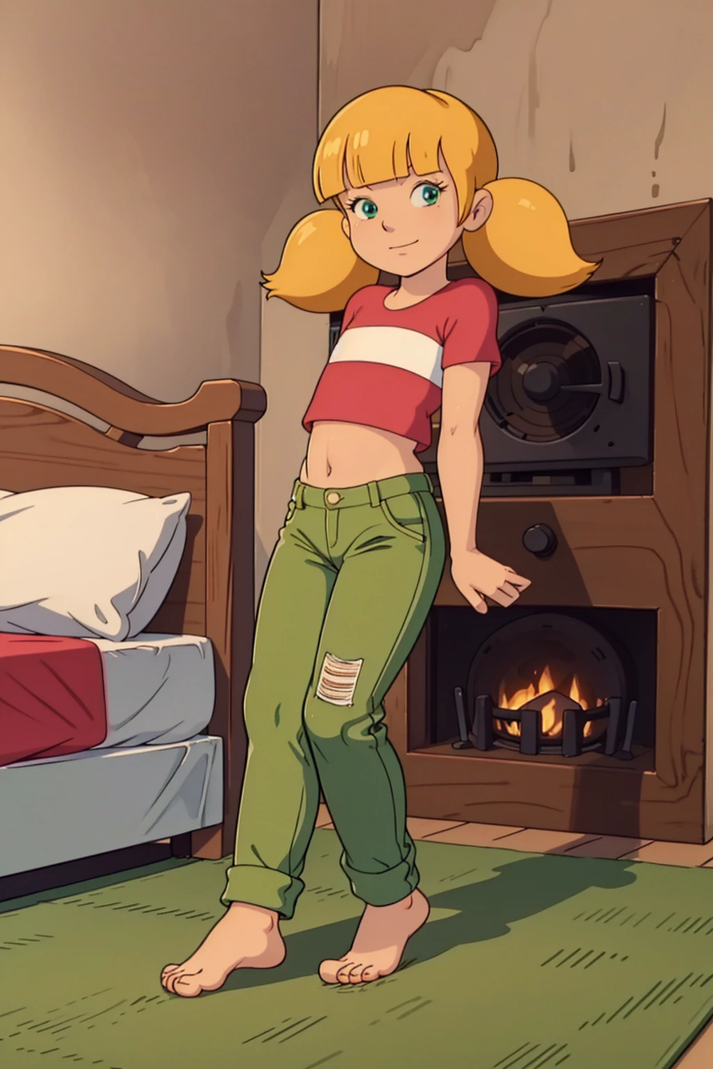 on bed, indoors, feet, barefoot, ass, spread ass, anime screencap, masterpiece,  nice hands, nice feet, best quality,  1girl, penny, solo, blonde hair, twintails, blunt bangs, (smile:0.6), flat chest, (red shirt, single white horizontal stripe across middle of shirt), pants, (green pants), (small light green square patches on knees, reinforced knee), on stomach, foot focus, five toes on each foot, looking at viewer, full body, bedsheet