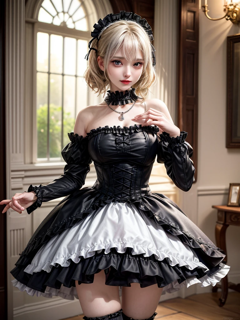 (8K, Photorealistic, Raw photo, of the highest quality: 1.3), (1girl in), Super beautiful, (Realistic face), (boyish, Silver Color Berry Shorthair), Beautiful , Glare that captivates the viewer, Beautiful expression, Beautiful breasts, (Realistic skin), Be...Super high quality, super high definition, super detailed, masterpiece, 20years old, female, cute, perfect face, beautiful, gothic lolita clothes, gothic lolita fashion, frilly skirt, headdress, necklace, bracelet, knee-high socks, boots, double eyelids, tear bags, Detailed down to the fingers, photo-like description, indoors, dim indoor lighting, blonde hair, pony tail, standing, whole body, composition that shows the whole body, smiling,Optimal ratio of 4 fingers and 1 thumb