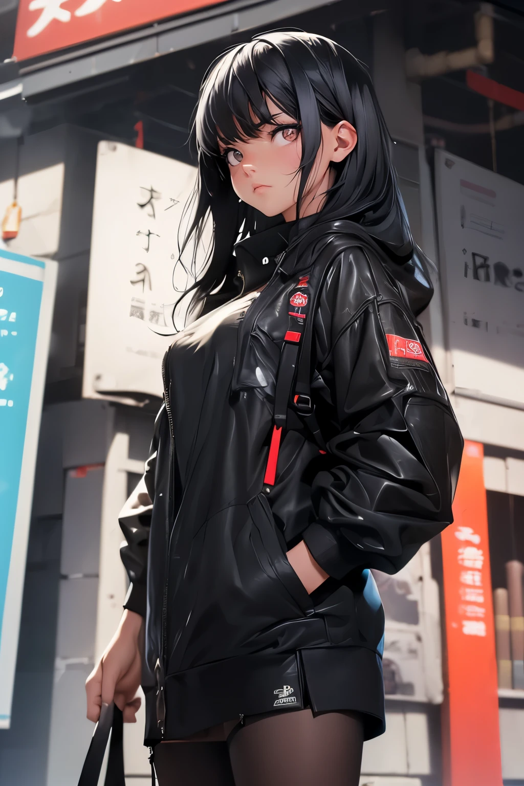 A (((girl with Black Hair))), facing the viewer with a (((serious expression))), framed by a softly blurred (foreground) that draws attention to her features