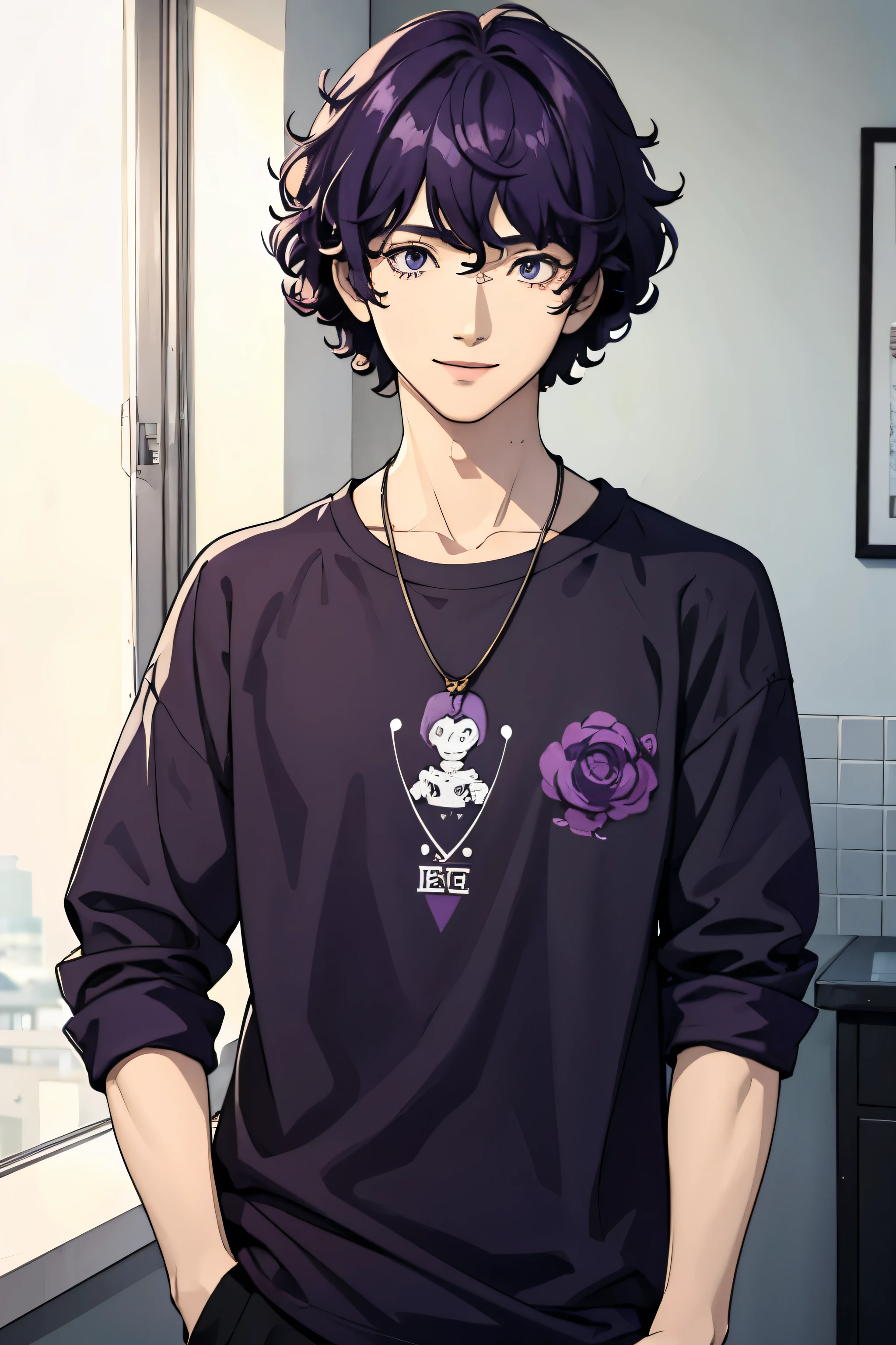 man, short purple curly hair, friendly smile, alone, boy, colorful illustration, vibrant colors, soft lighting, high quality (4k), focused attention, detailed facial features, expressive eyes, casual outfit black and white