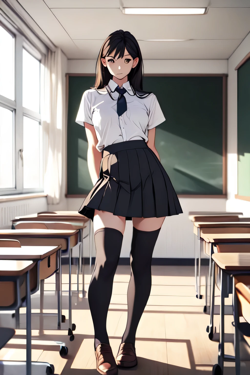 arafed woman in a skirt posing in a classroom, cute , a hyperrealistic , hyperrealistic , realistic , school girl, dressed as , wearing , wearing skirt, of a  posing, wearing a , japanese model, girl wearing uniform, thighhighs and skirt, bare chested. No shirt on