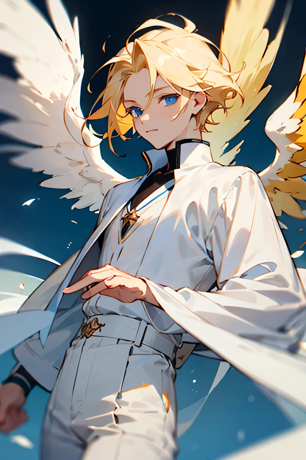 Male, Blonde hair, Blue eyes, wings, White clothes