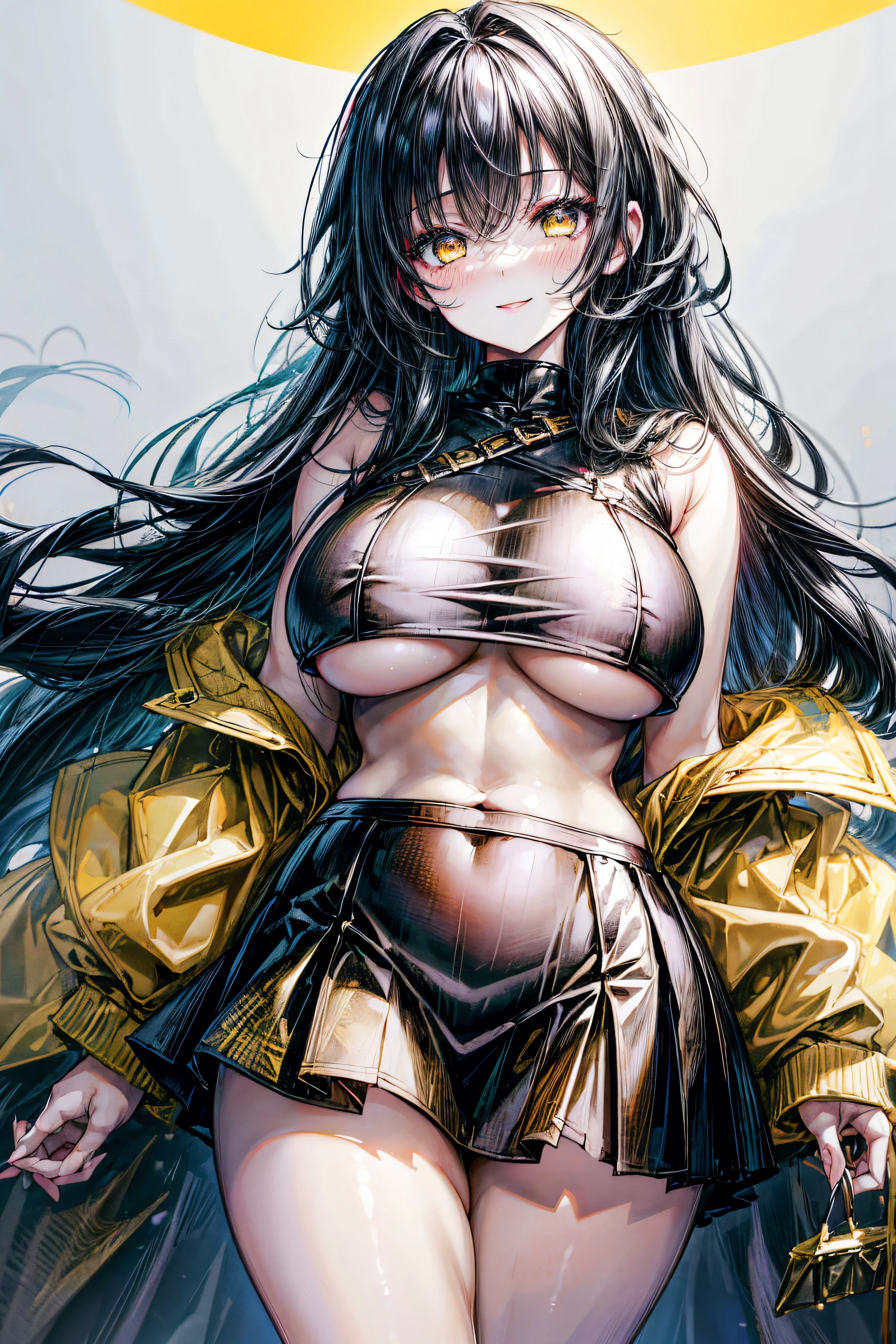 absurdres, high res, ultrasharp, 8K, masterpiece, looking at viewer, 1girl, (curvy body), seductive face, blushing ,smiling, seductive eyes, long black hair, yellow eyes wearing black mini skirt, short skirt yellow crop, thick thighs, chibi,