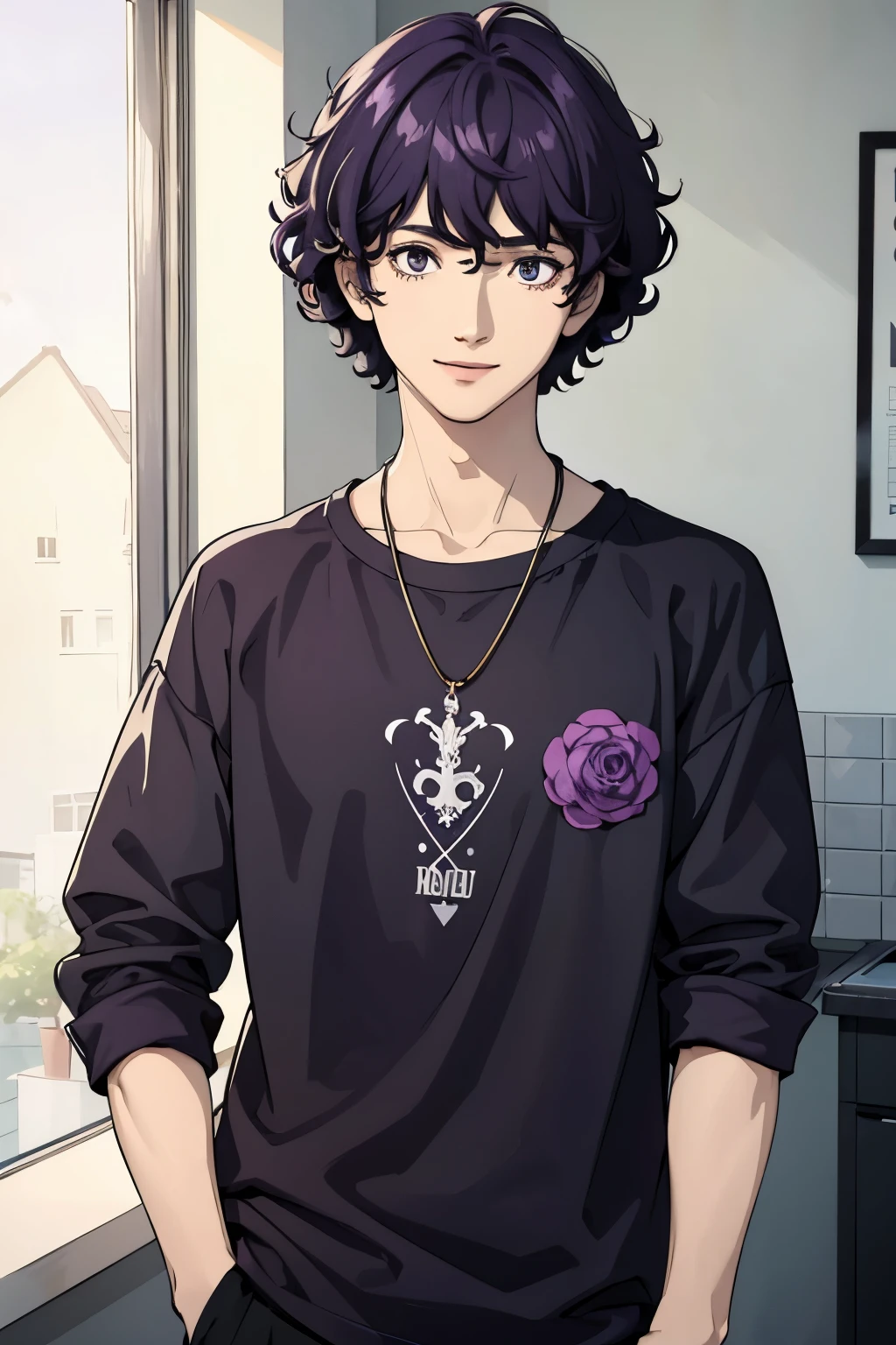 man, short purple curly hair, friendly smile, alone, boy, colorful illustration, vibrant colors, soft lighting, high quality (4k), focused attention, detailed facial features, expressive eyes, casual outfit black and white