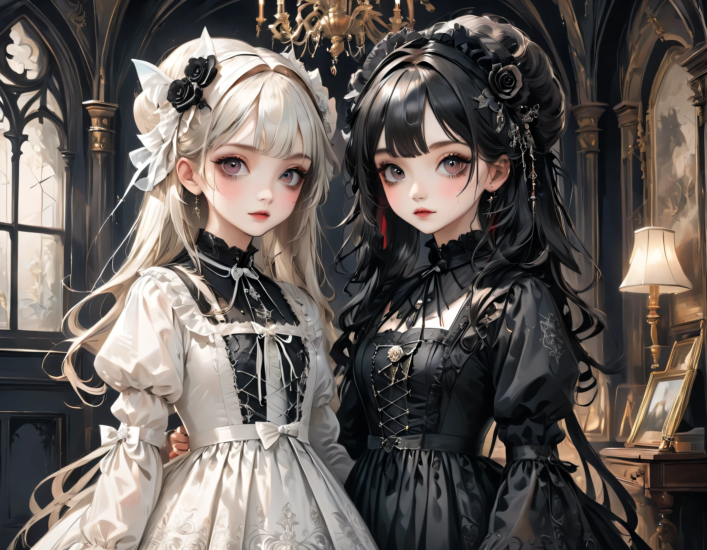 Gothic horror paintings,((Two beautiful girls standing:Symmetric:Gothic Lolita:12 years old:Ephemeral:((Two beautiful girls)):cute:Adorable:Perfect Face:White:eyelash:Big eyes,Smooth Skin)),Gothic House,Looking Back,black and white,scary but beautiful,Gothic Beauty,Expressing beautiful madness,Shrouded in mystery,Placing dark clouds that foreshadow tragedy in a beautiful gothic house,,detailed,Use red as an accent color,Race,embroidery,Detailed pattern,rendering,Designer House,Luxury Homes,nice,quiet,Beautiful light and shadow,Gothic Room,Golden Ratio,Anatomically correct,Rococo,BREAK,(The girl on the right(Black Dress)Gothic Lolita),BREAK,(The girl on the left(White Dress)Gothic Lolita),BREAK,embroidery,Detailed pattern,rendering,Zentangle Elements,Beautiful Gothic Horror,masterpiece,The best masterpiece