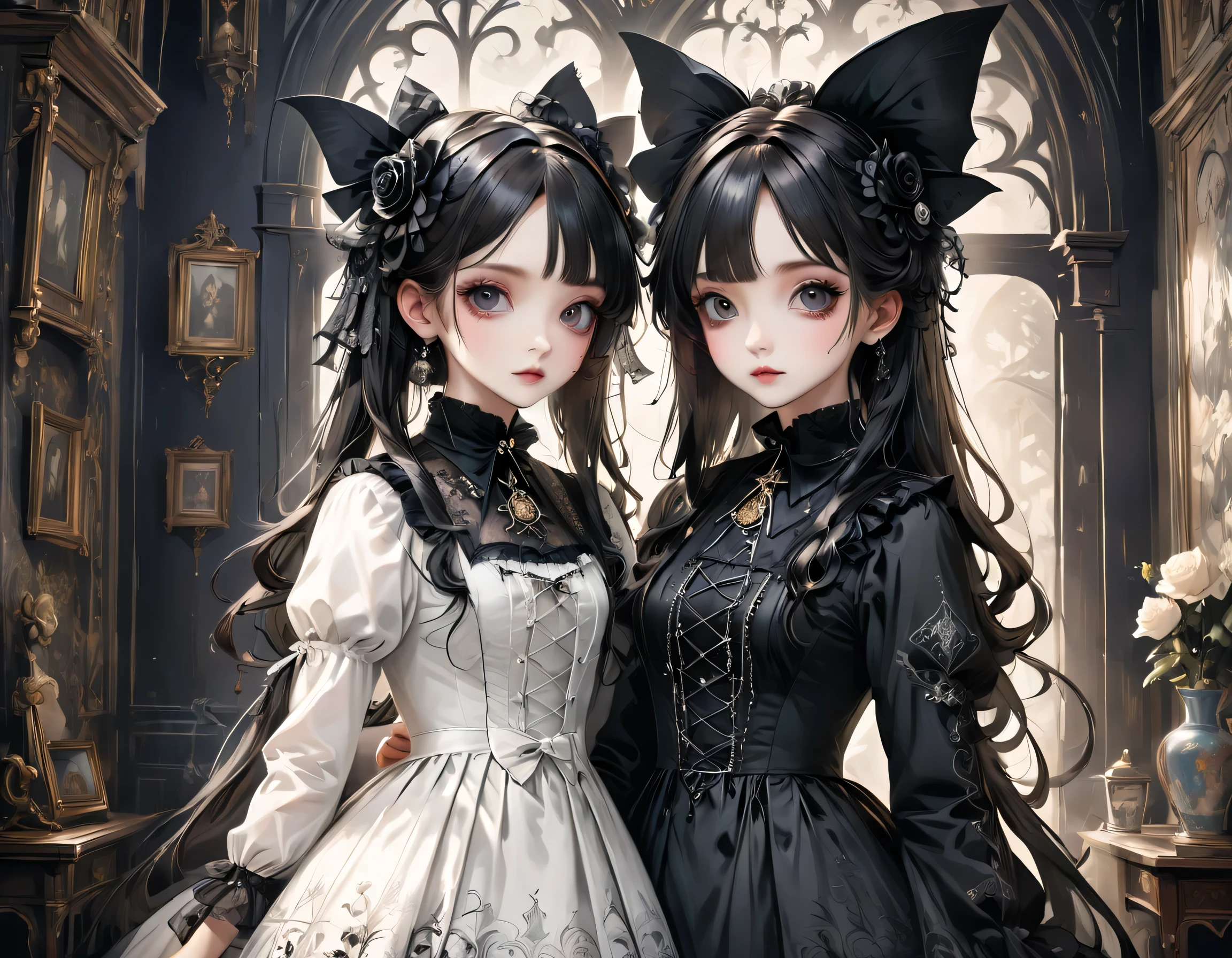 Gothic horror paintings,((Two beautiful girls standing:Symmetric:Gothic ****ta:************:Ephemeral:((Two beautiful girls)):cute:Adorable:Perfect Face:White:eyelash:Big eyes,Smooth Skin)),Gothic House,Looking Back,black and white,scary but beautiful,Gothic Beauty,Expressing beautiful madness,Shrouded in mystery,Placing dark clouds that foreshadow tragedy in a beautiful gothic house,,detailed,Use red as an accent color,Race,embroidery,Detailed pattern,rendering,Designer House,Luxury Homes,nice,quiet,Beautiful light and shadow,Gothic Room,Golden Ratio,Anatomically correct,Rococo,BREAK,(The girl on the right(Black Dress)Gothic ****ta),BREAK,(The girl on the left(White Dress)Gothic ****ta),BREAK,embroidery,Detailed pattern,rendering,Zentangle Elements,Beautiful Gothic Horror,masterpiece,The best masterpiece