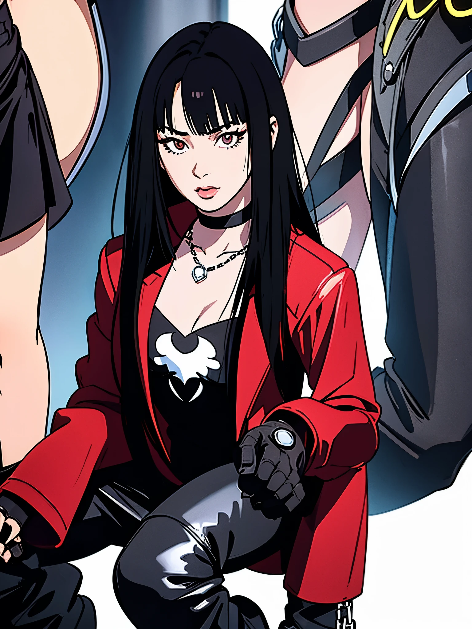 digital art drawing, illustration of (Girl, long black and white hair with bangs, brown eyes, flat chest, silver chain necklaces, confident look, red jacket, black latex pants, long black boots, neon details, cyberpunk 2077), anime drawing/art, bold linework, illustration, digital art, masterpiece, flat illustration, no shadows, 8k resolution, high detail, vector art, only anime, perfect eyes, perfect hands, perfect fingers, sharpness, high clarity, medium close up, high fidelity
