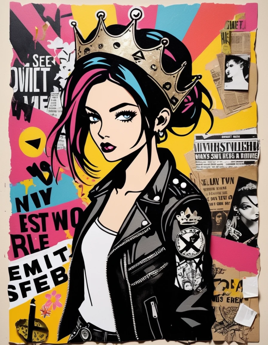 punk collage style Wild heart She wears a crown Riding through the city Breaking every rule in town She’s got a fire burning deep in her eyes An outlaw princess Breaking free from ties.
Leather jacket Flowers in her hair She dances like a rebel With a rebellious flair She’s got a voice that shakes the ground An outlaw princess Never backing down. mixed media, papercut,textured paper, overlapping, ripped posters, safety pins, chaotic layers, graffiti-style elements, anarchy symbols, vintage photos, cut-and-paste aesthetic, bold typography, distorted images, political messages, urban decay, distressed textures, newspaper clippings, spray paint, rebellious icons, DIY spirit, vivid colors, punk band logos, edgy and raw compositions,