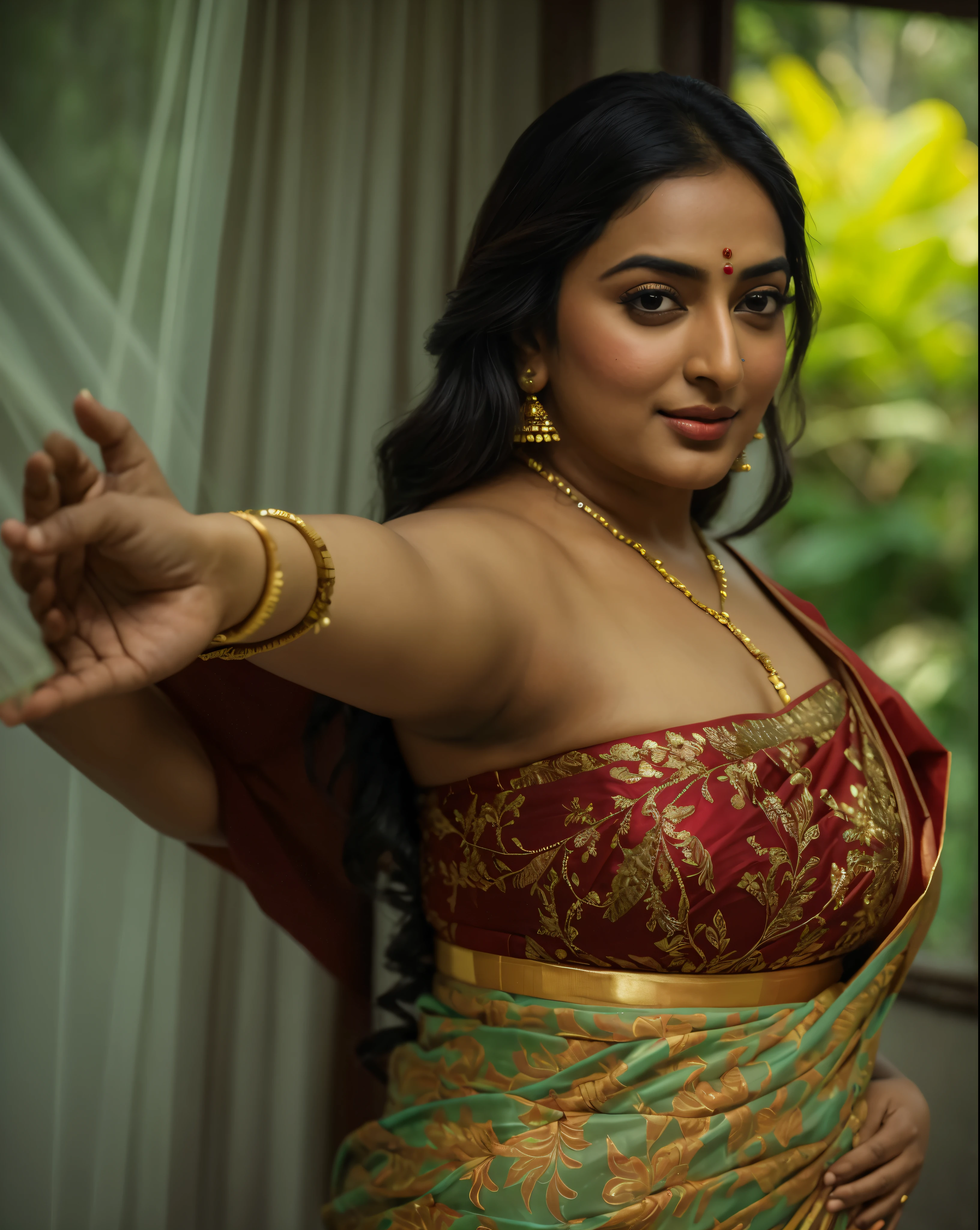 Foto RAW, photorealistic, photography, full body shot, master shot, perfect eyes, goddess like beauty, pierced eyes, perfect thick chubby mallu Desi aunty bhabhi, Wearing a Stanapatta, a chest-band.Saree model, model Photography, Indian saree shoot, Indian traditional wear advertising photography, traditional wear brand shoot, face of Indian actress Sonakshi Sinha, masterpiece, realistic, realism, incredible details, pleasure, photorealism, detailed skin, skin pores, high contrast, photorealistic Artstation 8k HD digital art trend of high definition and detailed realistic skin texture, ultra detail, realistic skin texture, armature, best quality, ultra high definition, (photorealistic:1.4),, high resolution, detail, raw photo, sweat, Re sharp, by Lee Jefferies Nikon D850 Film Stock Photo 4 Kodak Portra 400 Camera F1.6 Lens Rich Color Ultra Real Realistic Realistic Textures Dramatic Lighting Unreal Engine Trending at Art Station Cinestill 800,(pele altamente detalhada: 1.2), 8k UHD, DSLR, soft-lighting, alta qualidade, grain of film, Fujifilm XT3,she didn't like to wear blouse or bra, she is happy to wear only saree, she hates blouse or bra, detailed hairy armpits, hyper realistic skin, skin pores, sweat, veins,