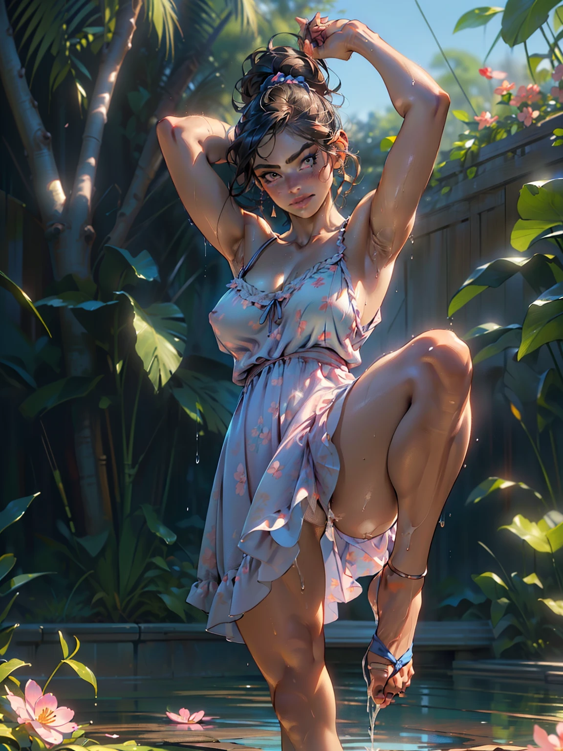 ((Masterpiece, best quality, photography, detailed skin, realistic, photo-realistic, 8k, highly detailed, full body, High detail RAW color art, diffused soft lighting, shallow depth of field, sharp focus, hyperrealism, cinematic lighting, a woman, beautifully makeup, eyeshadow, beautiful big eyes, saggy large breast, tense nipples, huge hips, chubby, ((Brown eyes)), long eye lashes, brunette updo hair, wearing ((Blue satin sundress)), wet vagina, cum in pussy, squirt, standing splits, single legs up, stretching, hots spring, sakura garden