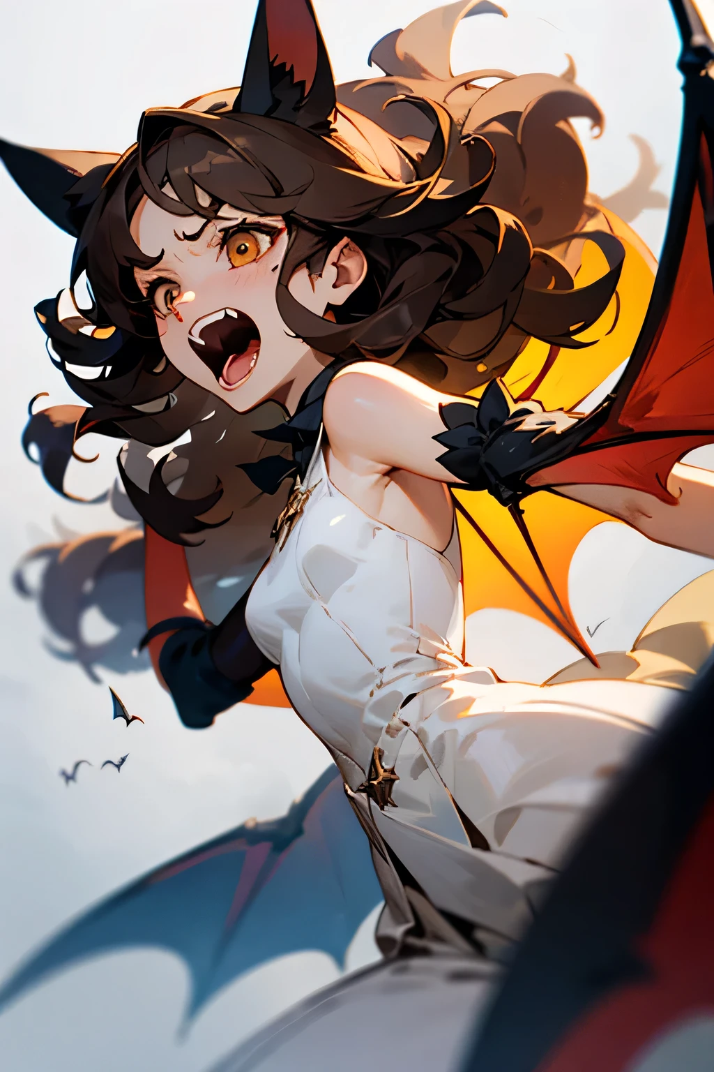 Female, bat wings, Dark curly hair, Bat ears, screaming
