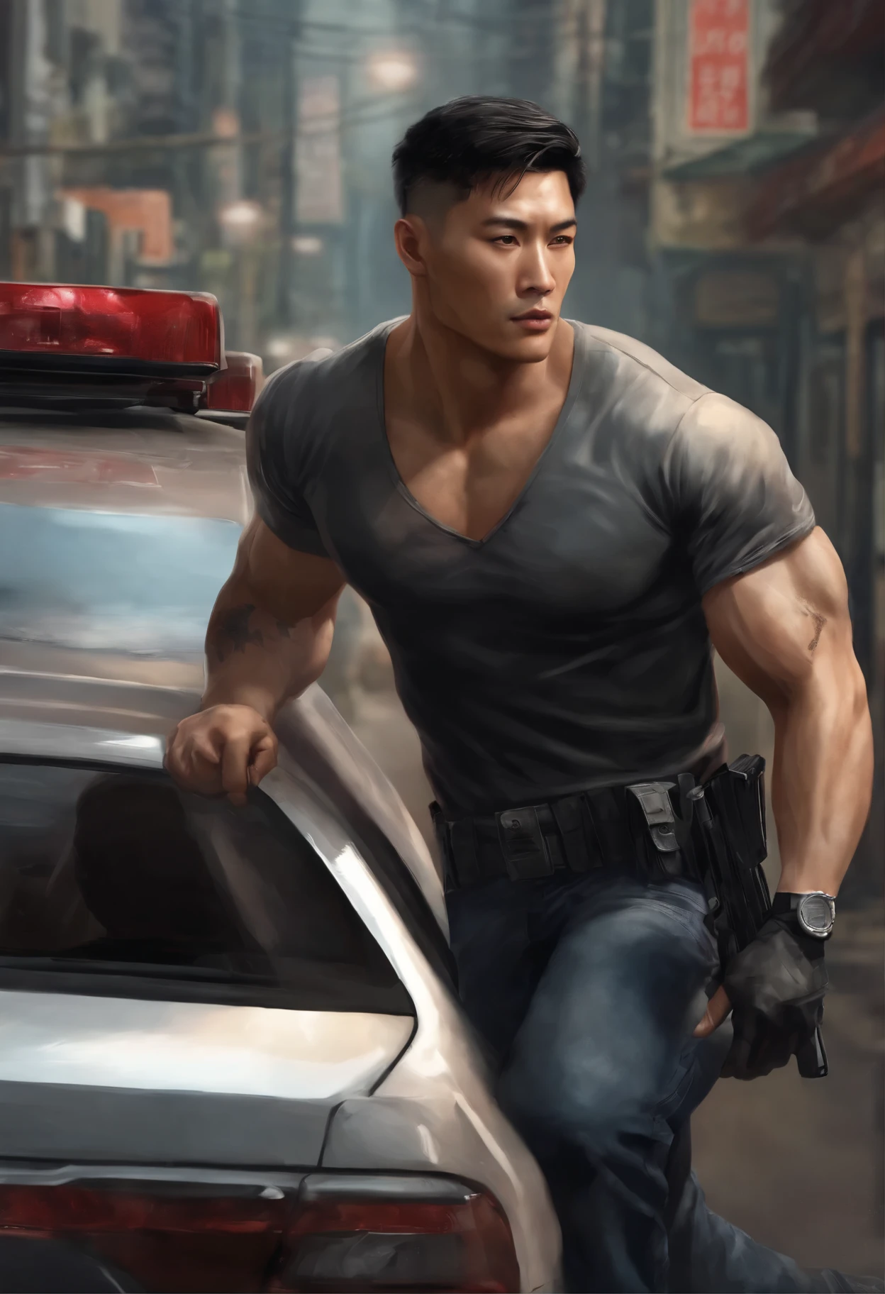 (Masterpiece) Extremely high-quality, ultra-detailed illustrations, ultra-high resolution, showing a handsome mature male 25 year old human hong kong policeman with muscular body, short hair and under-trimmed stubble, shirtless, wearing a jeans below, buffalo head tatoo on the shoulder, wounds on the body, Surreal and charming. Dark background. Hongkong style.