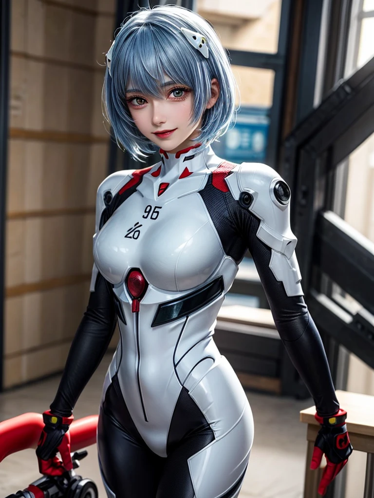 Masterpiece, highest quality, 8K, detailed skin texture, fine cloth texture, beautiful detailed face, intricate details, super detailed, portrait of Rei Ayanami, blue hair, red eyes, looking far away, no background, Evangelion Wearing a plug suit when riding, plug suit, whole body visible, standing, arms crossed, , beautiful, cute, great style, smiling,composition that shows the whole body,