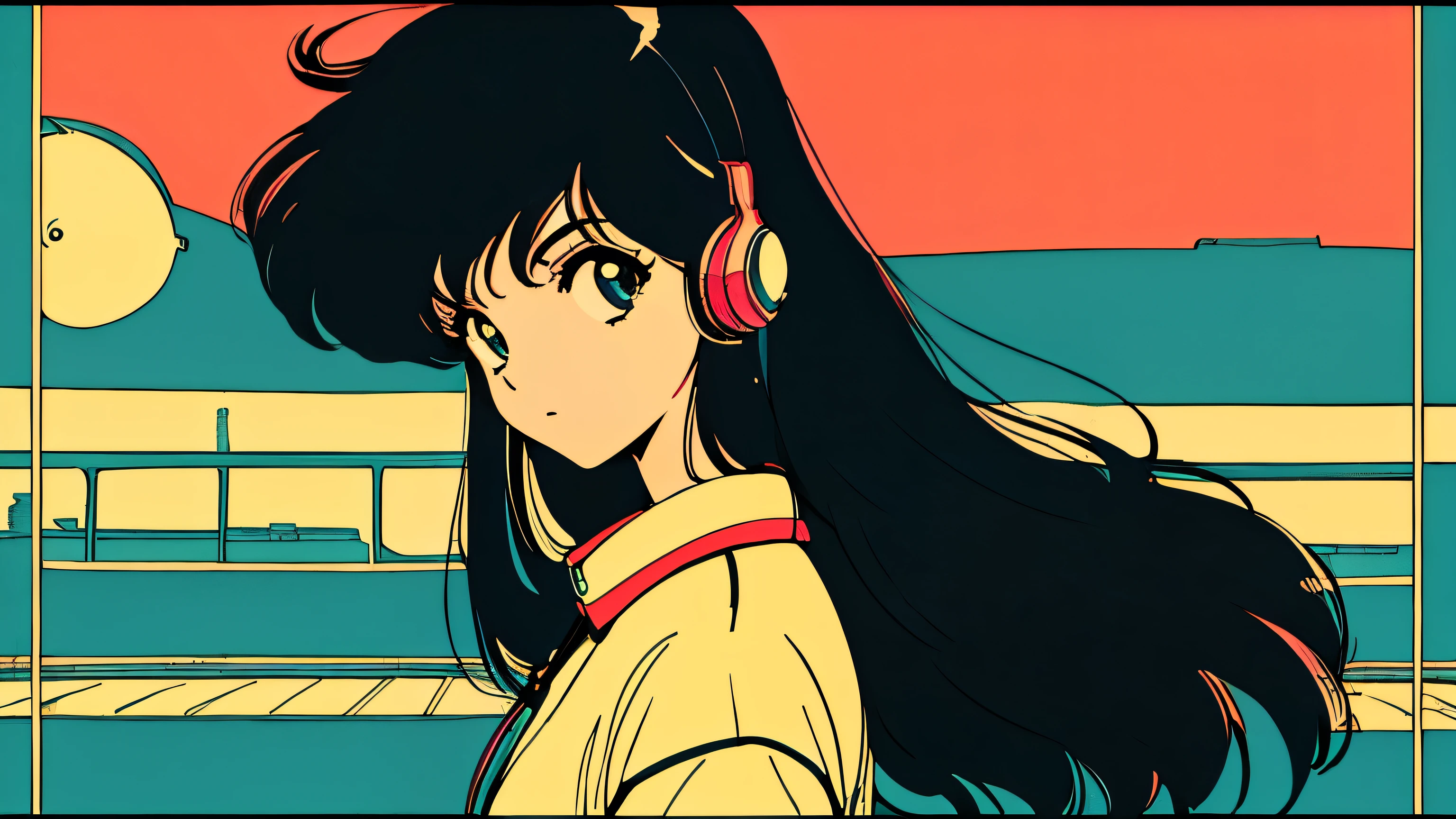 City pop style art, Black Hair, Straight Hair, Wearing headphones, Futuristic yet lo-fi, Retro, Vintage, Ghost,masterpiece, cool, Adult women, ((Low - Angle)), Walking around the city, bustling street, neon , Melancholy