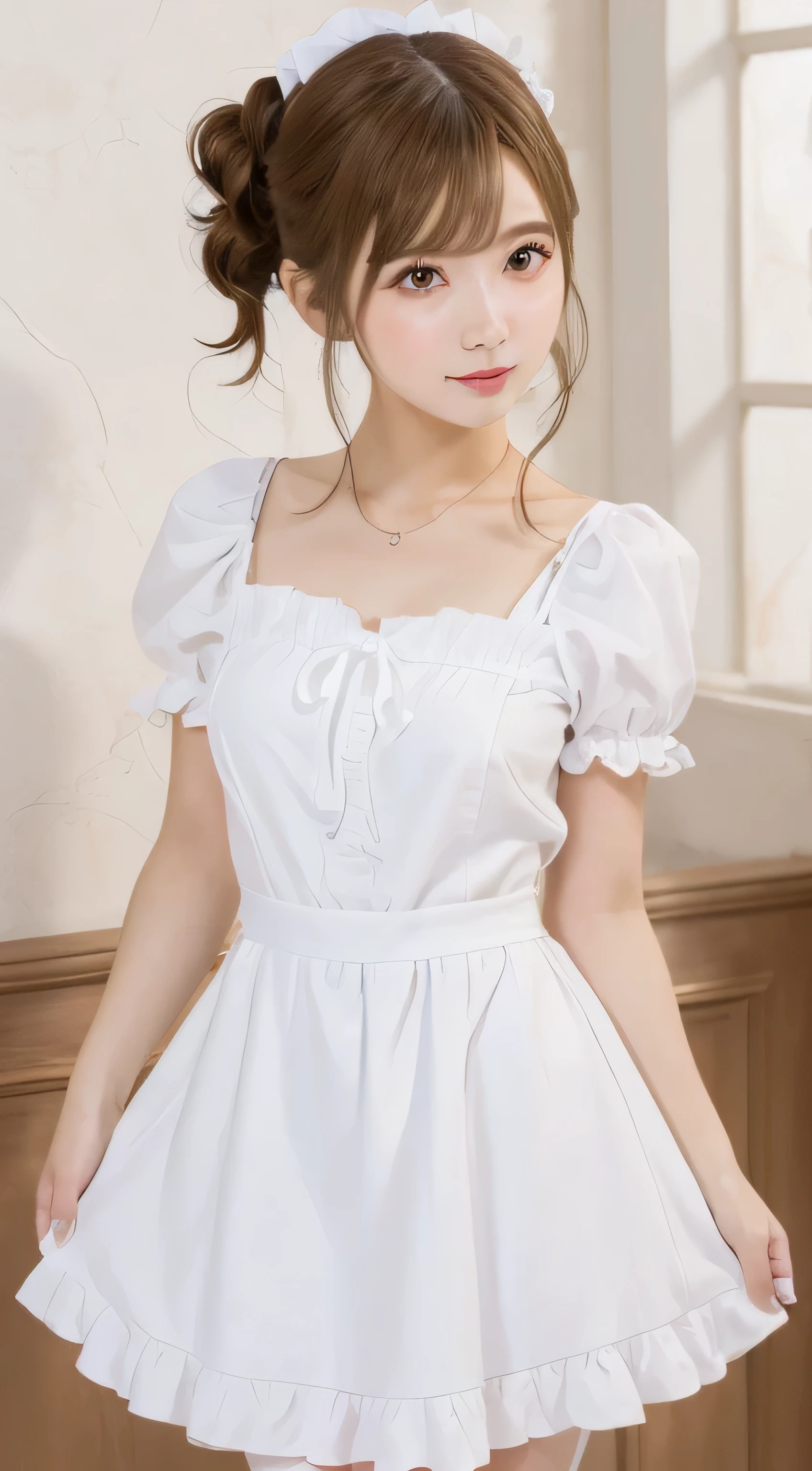 Tabletop, highest quality, shape, Very detailed, In detail, High resolution, 8k wallpaper, Perfect dynamic composition, ((close:1.3,  View your viewers)), Beautiful details , (Wearing a cotton maid outfit, , Cute Ruffle Girl Dress, Maid's headband, Base color is white、black、green),Twin tails